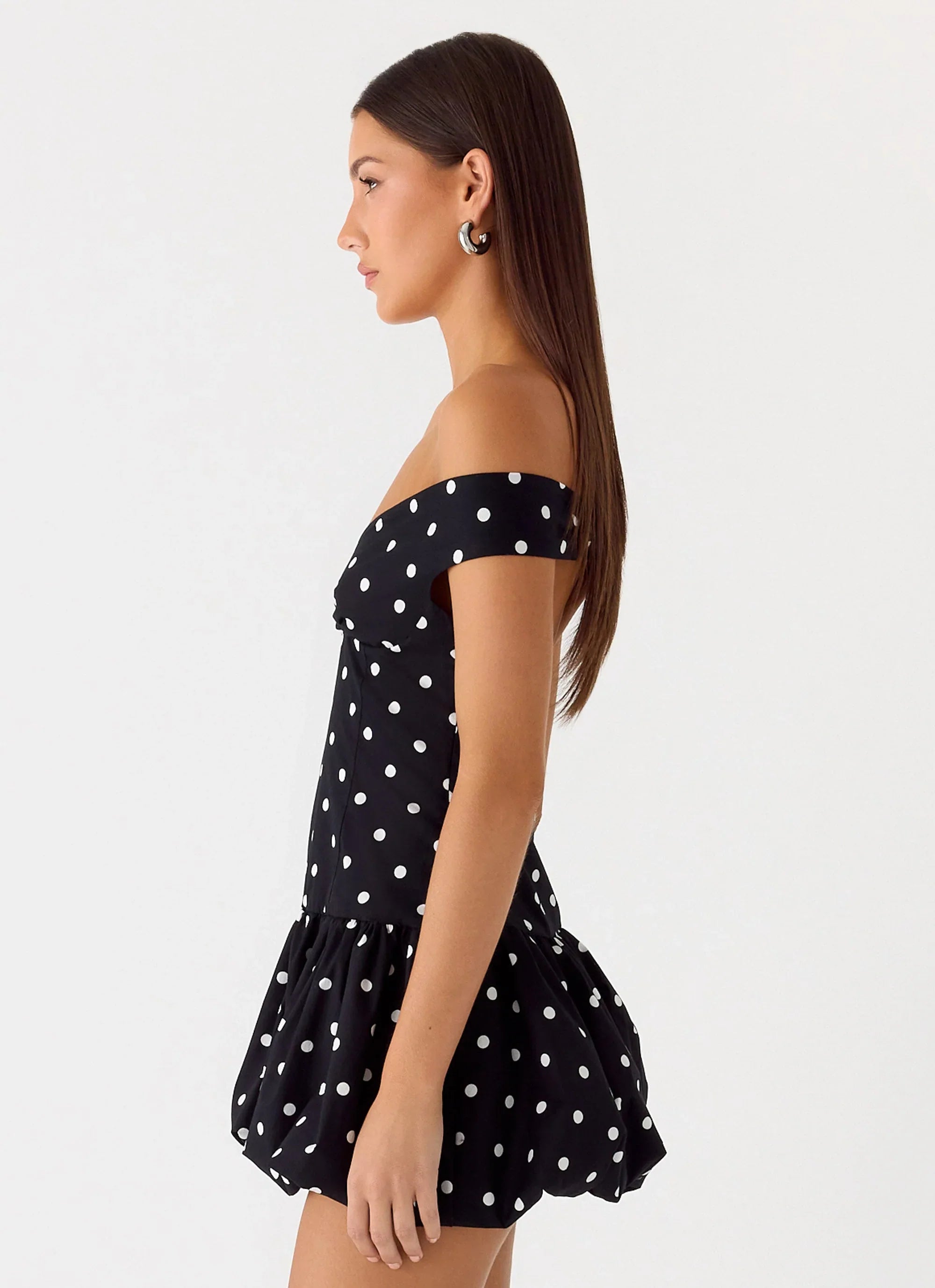 Endless Romance Off Shoulder Mini Dress Black Polkadot