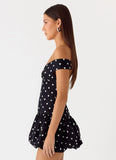 Endless Romance Off Shoulder Mini Dress Black Polkadot