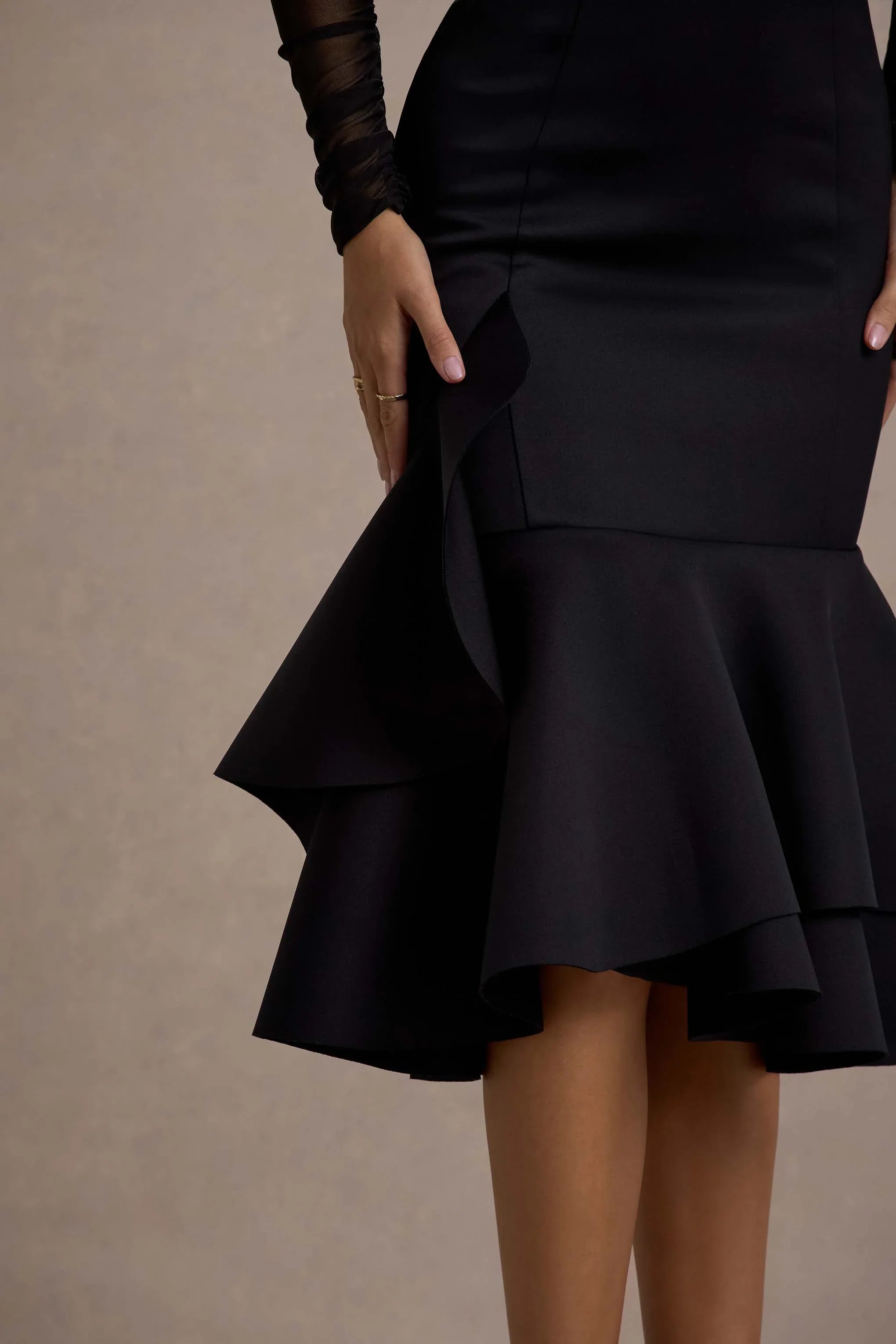 Sander Black Mesh Long Sleeve Ruffle Hem Midi Dress