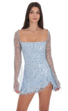 Sequin Flare Long Sleeve Dress in Light Blue