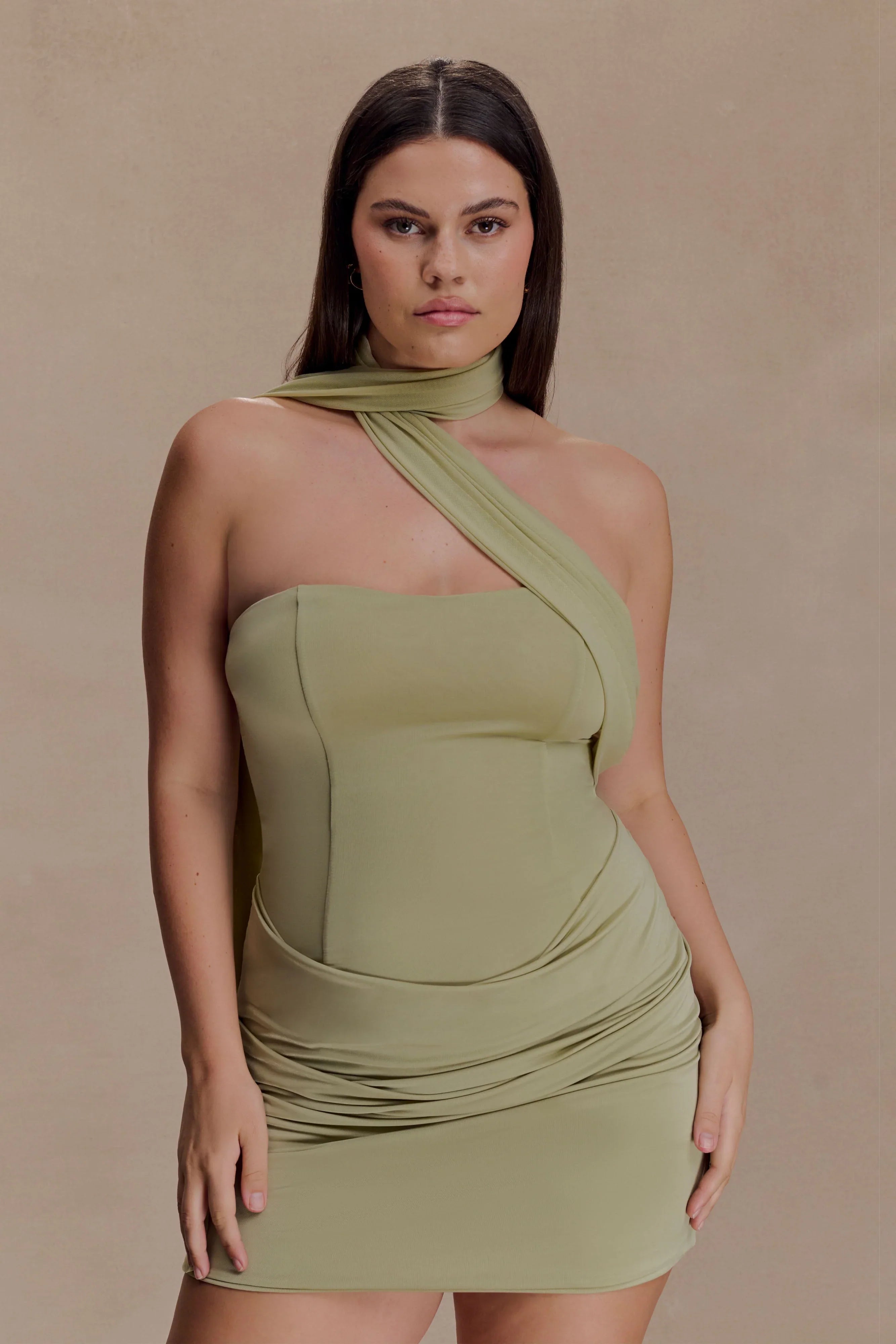 Mattea Slinky And Mesh Mini Dress With Scarf Sage