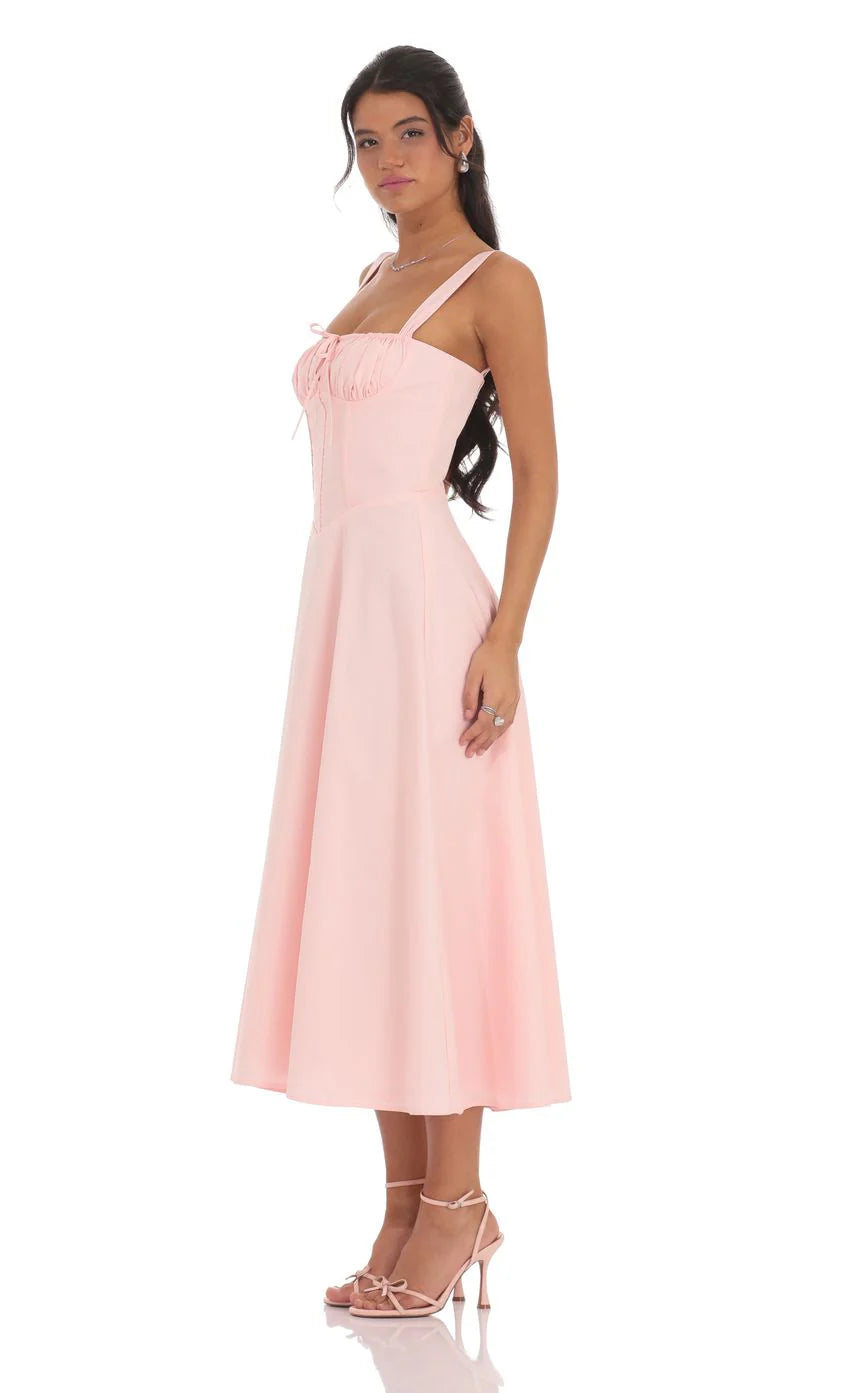 Ruched Corset Midi Dress in Pink