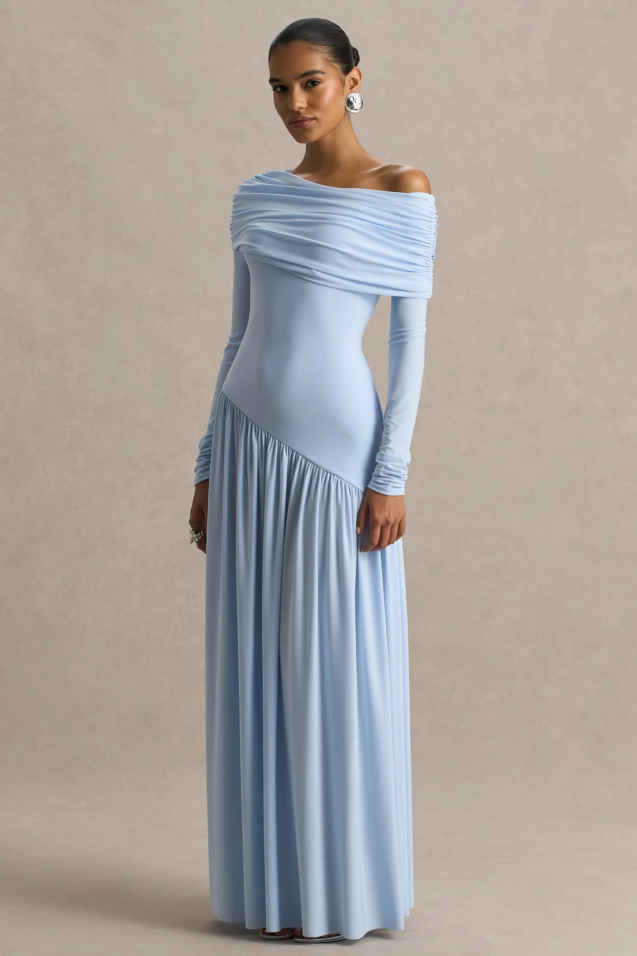 Farah Powder Blue Asymmetric Neck Maxi Dress With Drop Waist And Ruched Detailing