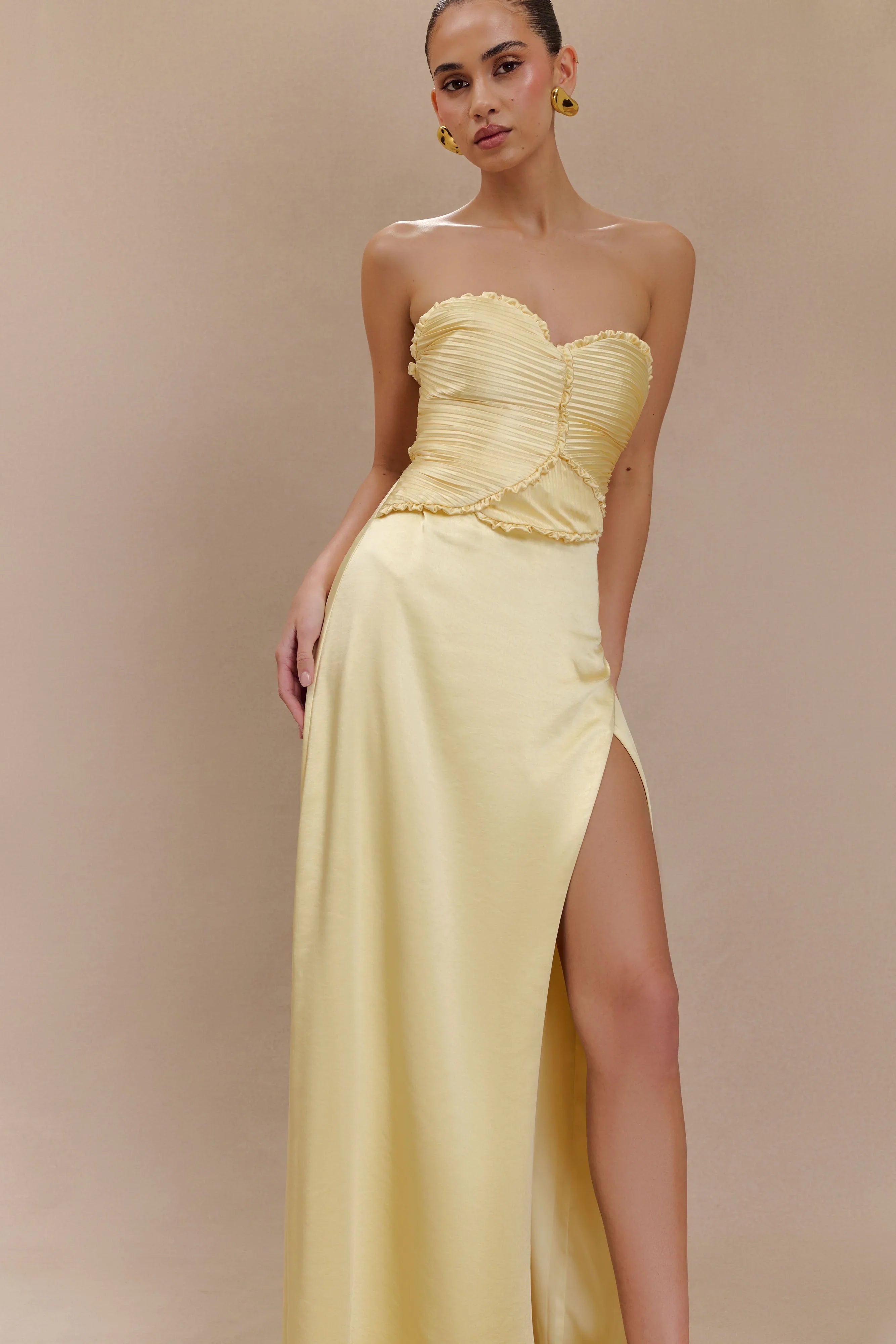 Larissa Satin Maxi Dress With Ruched Petals Lemon
