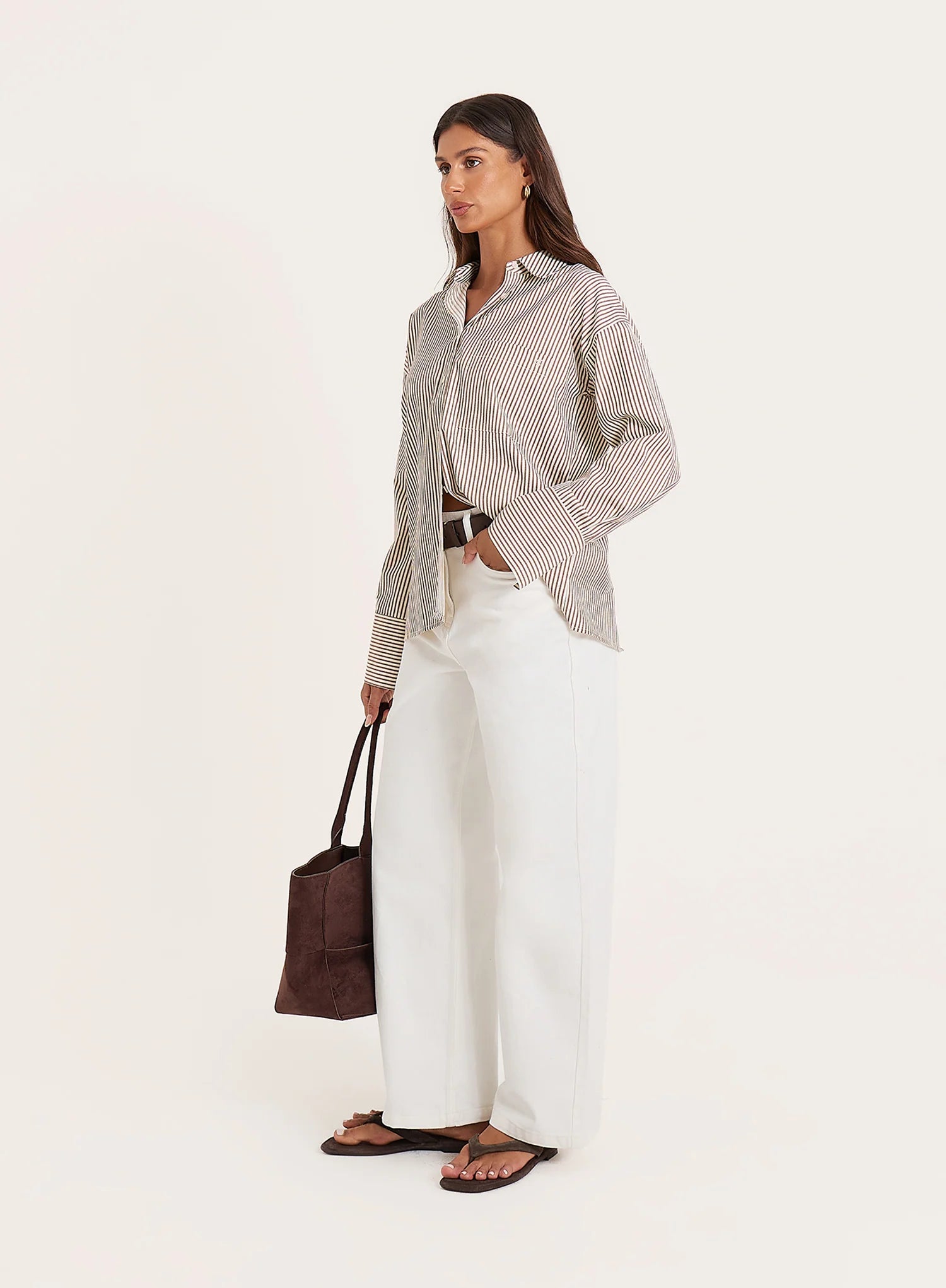 White And Beige Stripe Cotton Tie Back Detail Shirt