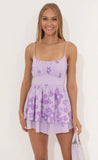 Floral Bubble Crepe Ruffle Romper in Purple