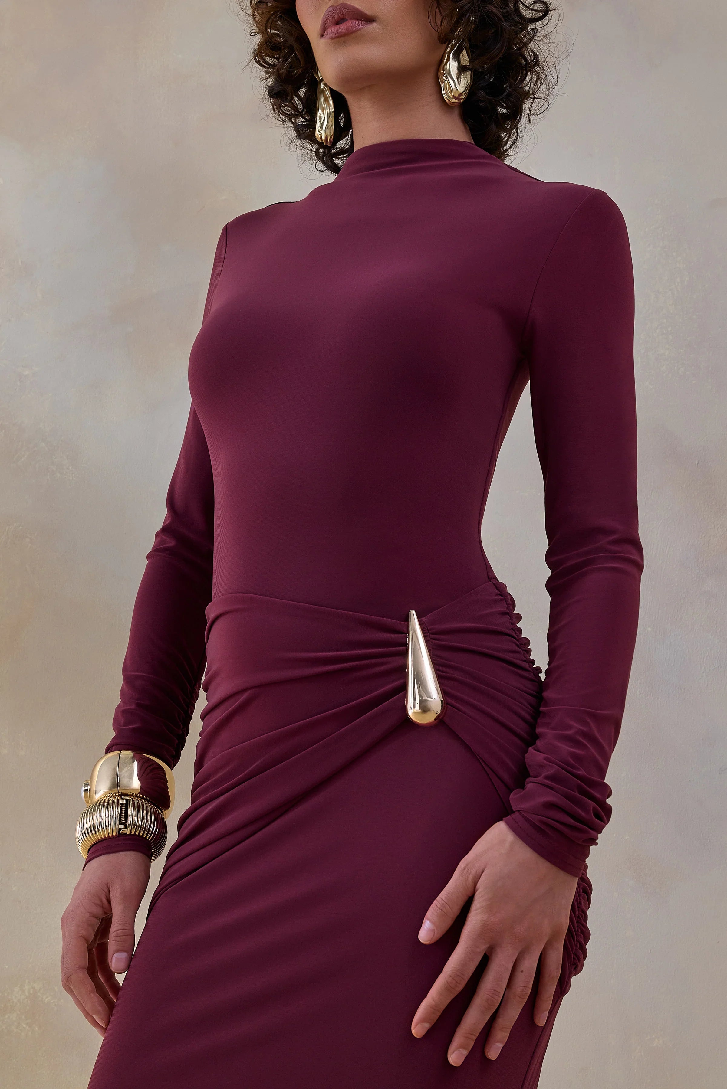 Solarium Burgundy Long Sleeve Maxi Dress With Gold Detail