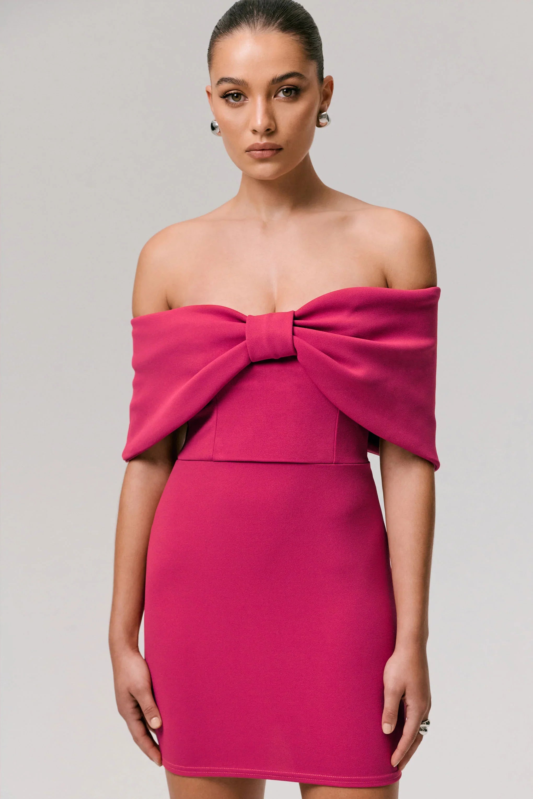 Sadie Hot Pink Bow Bardot Mini Dress