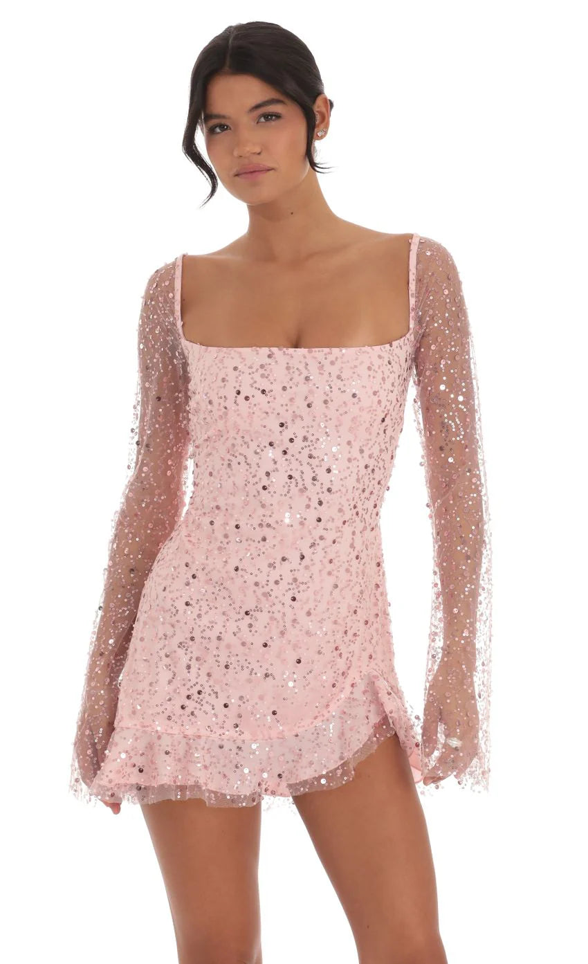 Sequin Flare Long Sleeve Dress in Pink