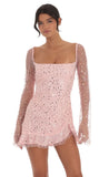 Sequin Flare Long Sleeve Dress in Pink