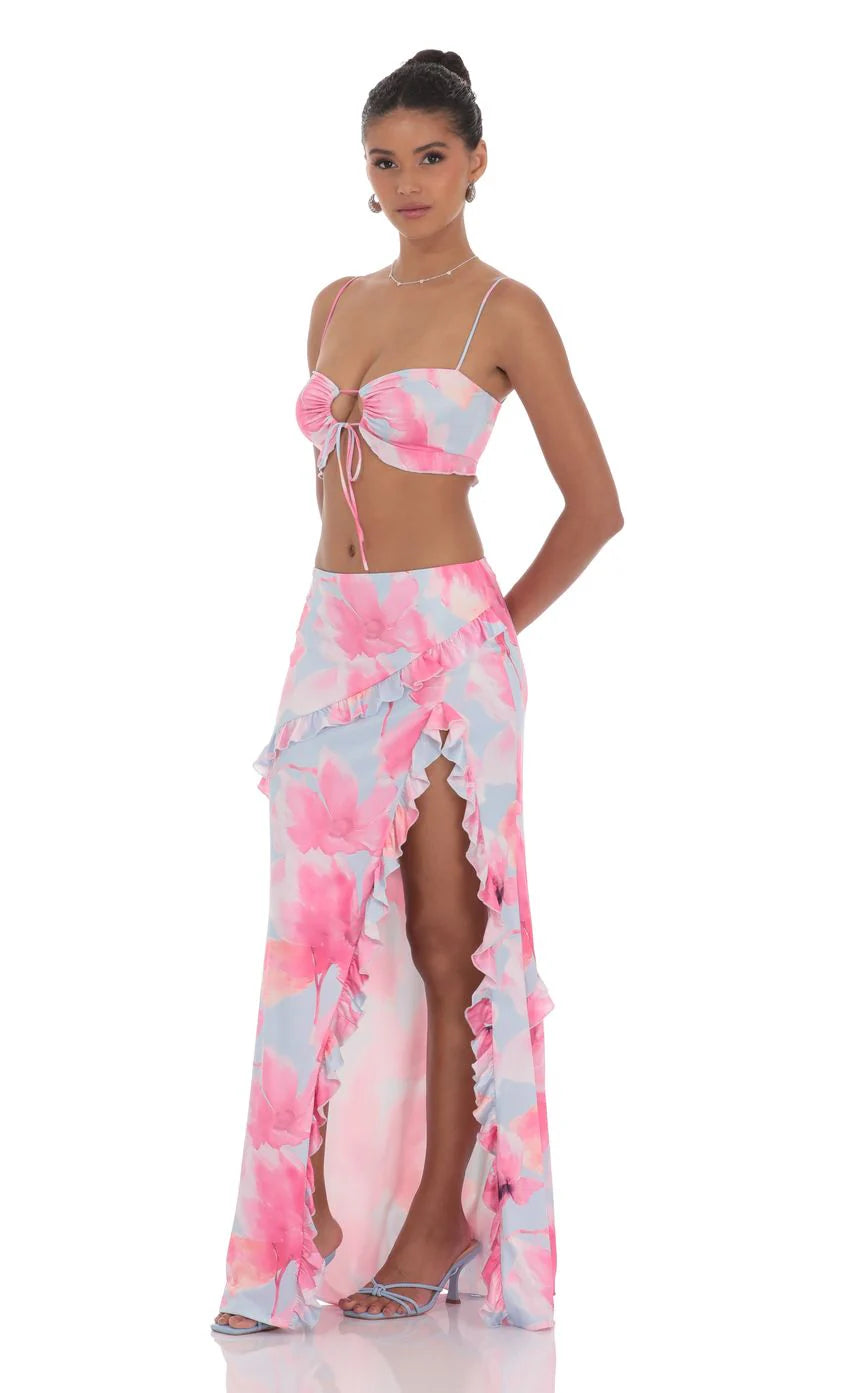Floral Ruffle Two Piece Set in Blue