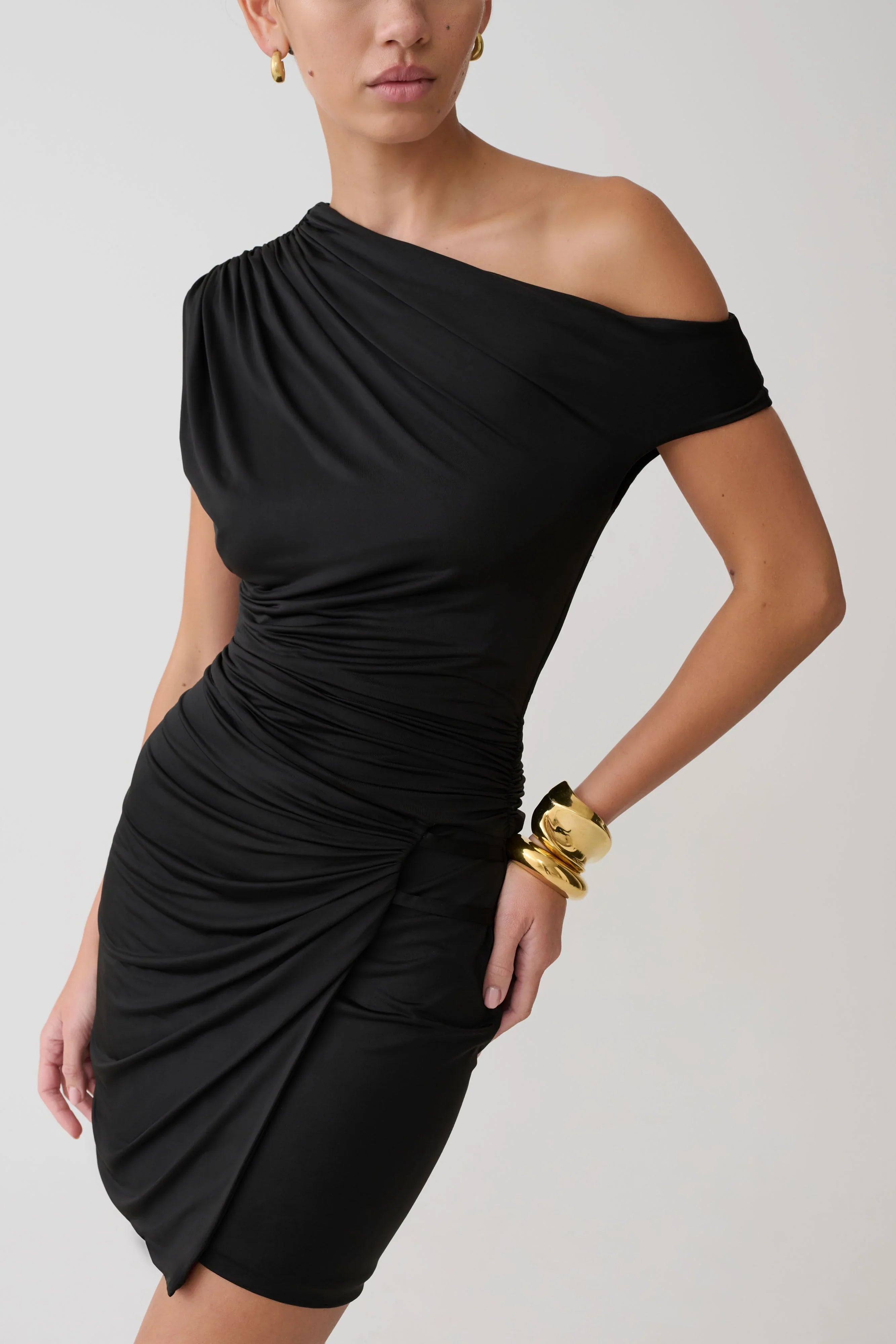 Alyn Off Shoulder Draped Mini Dress Black