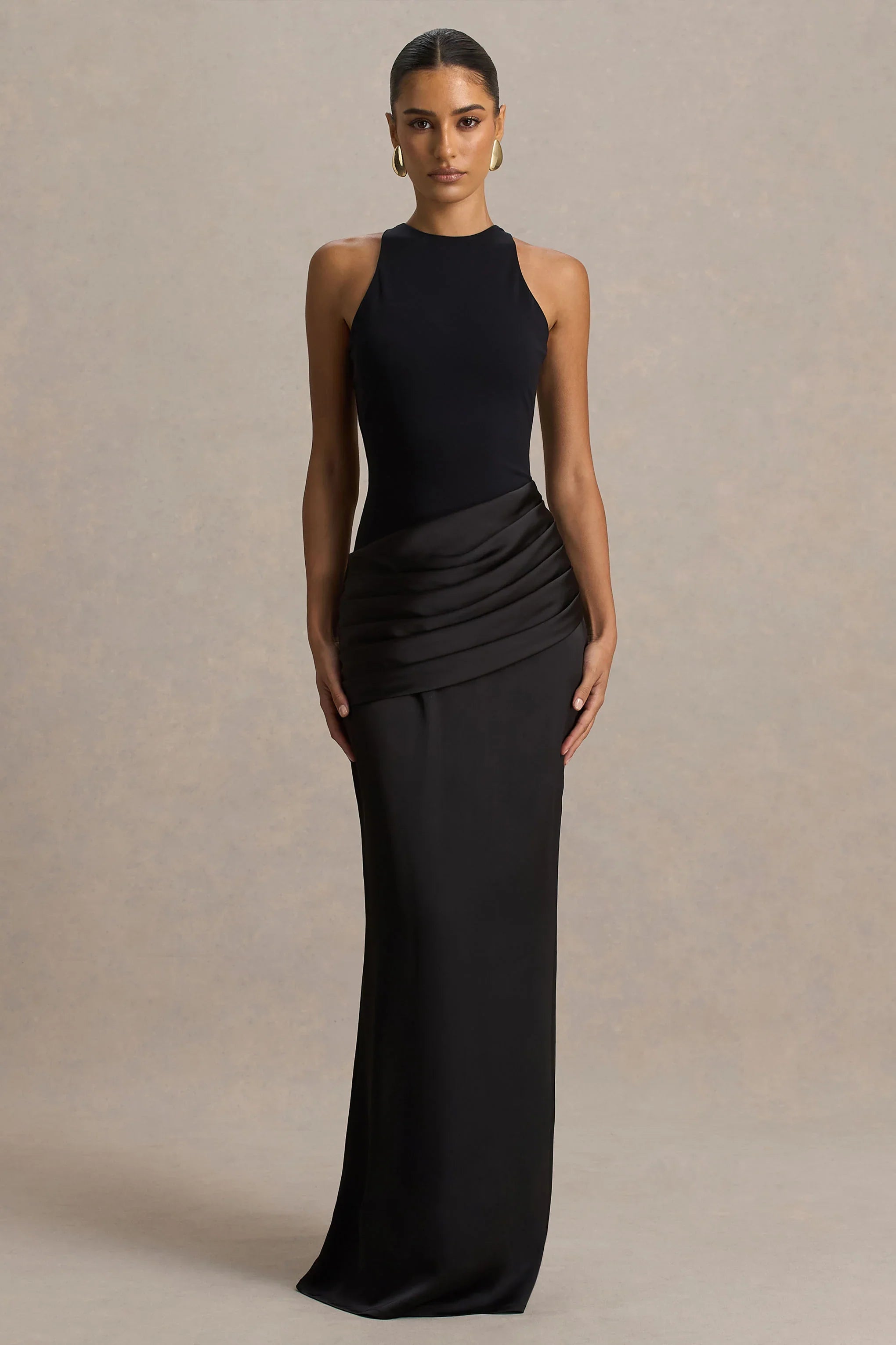 Akari Black Crew Neck Maxi Dress With Satin Skirt