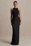 Akari Black Crew Neck Maxi Dress With Satin Skirt