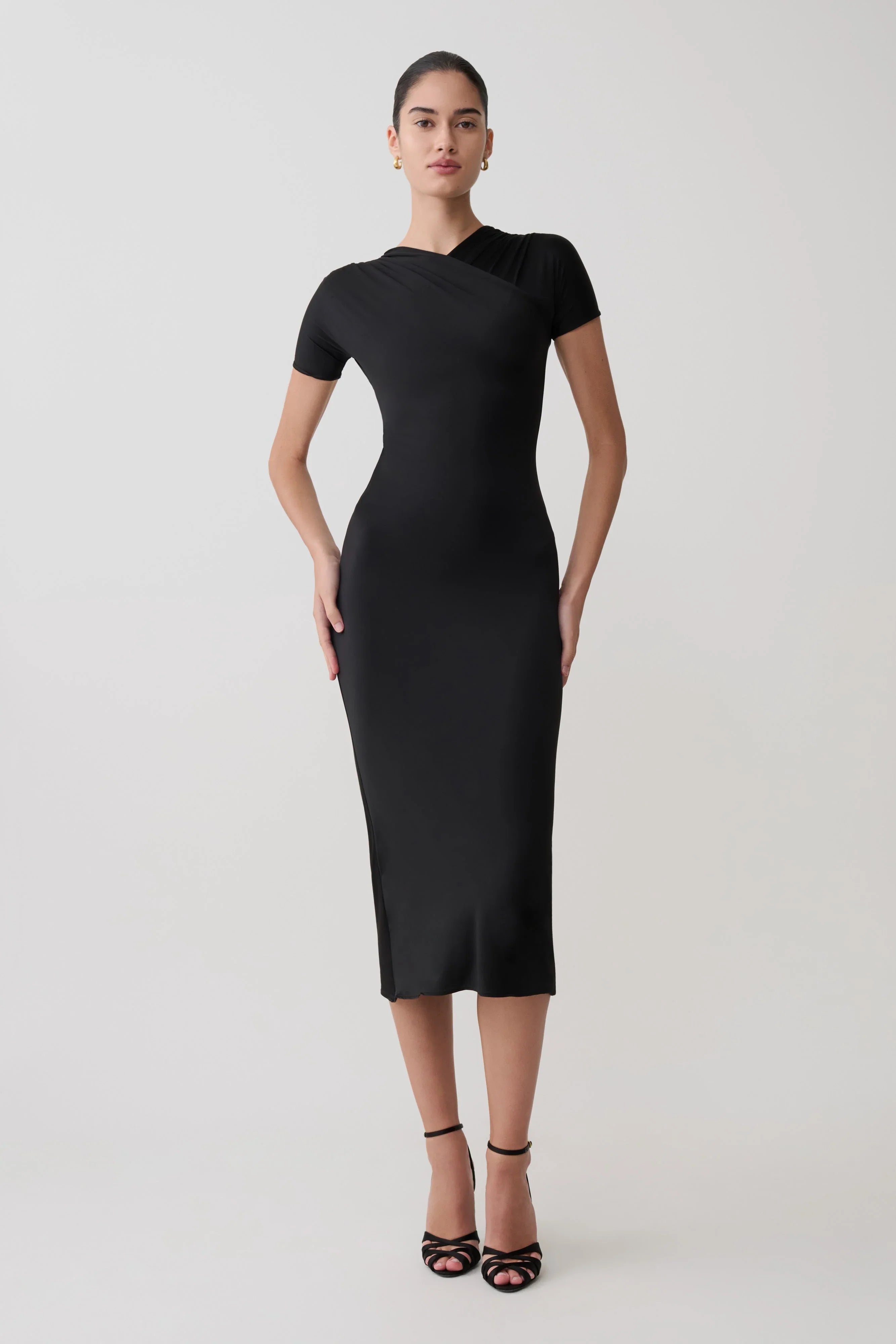 Junie Cross Over Neck Slinky Maxi Dress Black
