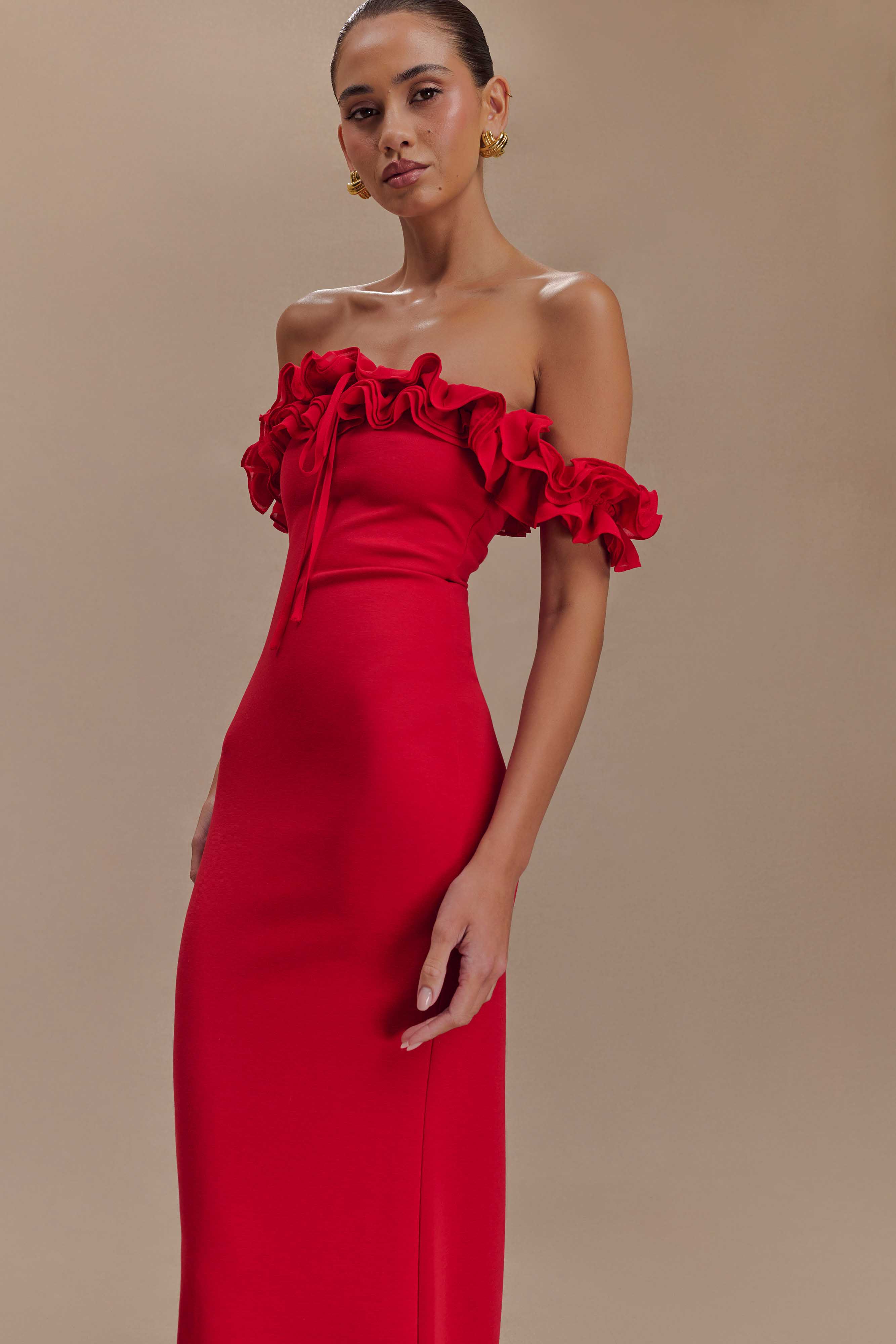 Nova Ruffle Off Shoulder Maxi Dress Ruby