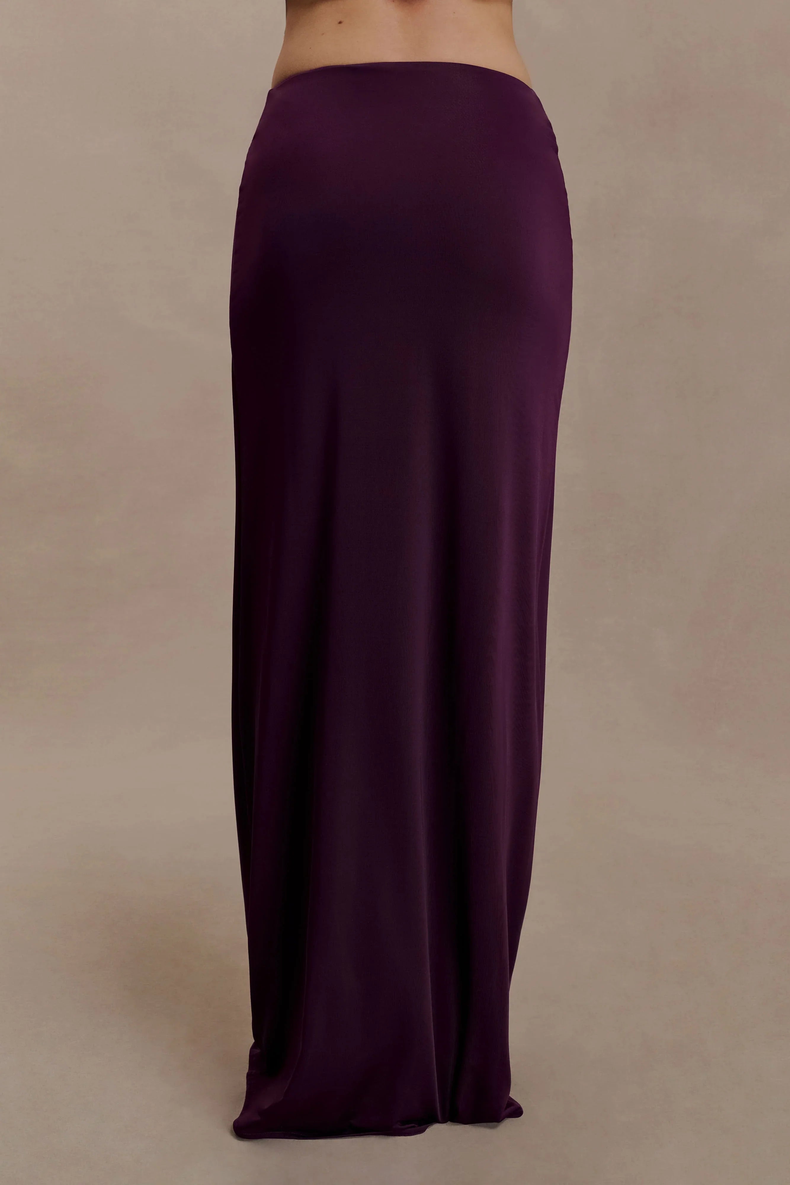 Erina Slinky Ruched Maxi Skirt With Hardware Aubergine
