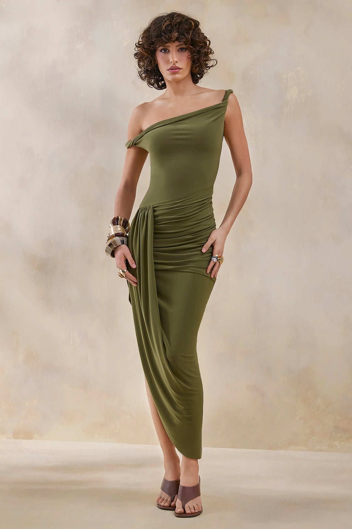 Angelique Olive Green Twisted Asymmetric Maxi Dress