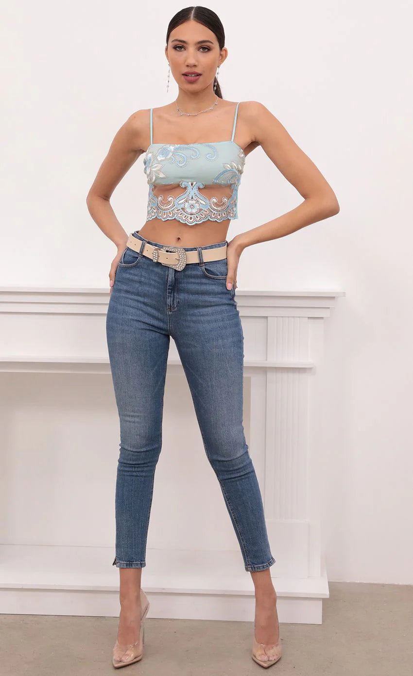 Roma Top in Aqua and Off White Lace