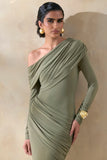 Rosirene Olive Asymmetric Neck Maxi Dress With Draped Detailing