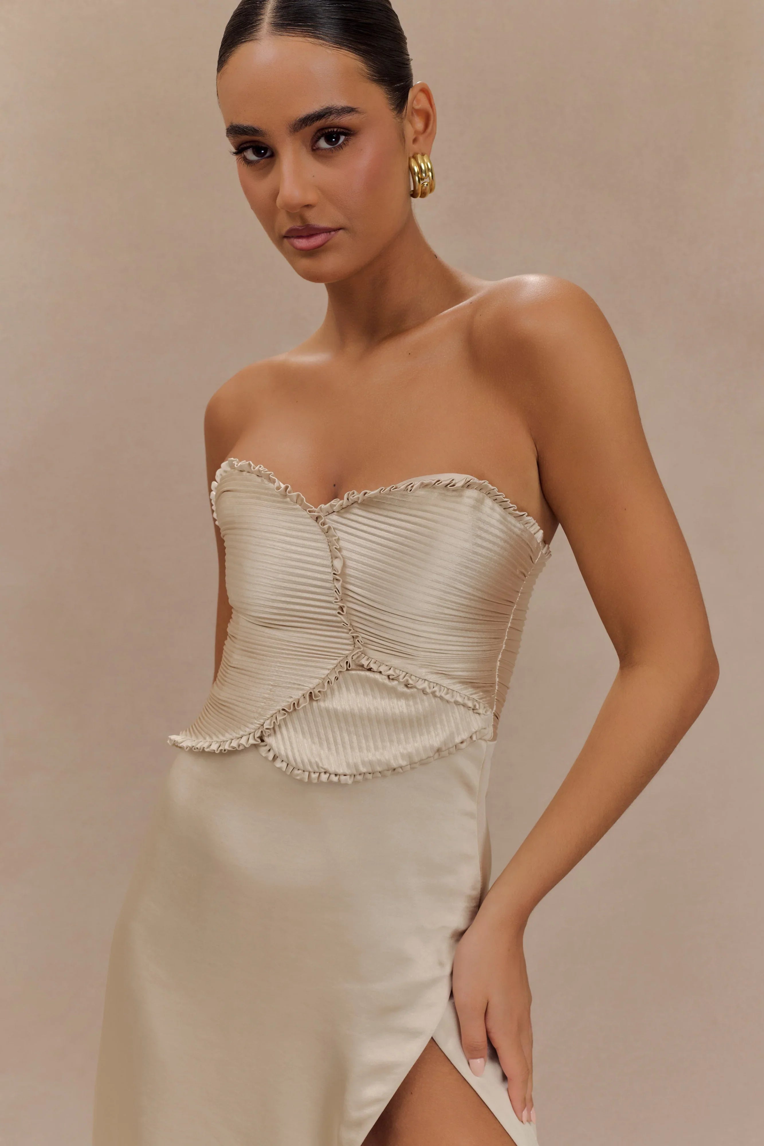 Larissa Satin Maxi Dress With Ruched Petals Blush Gold