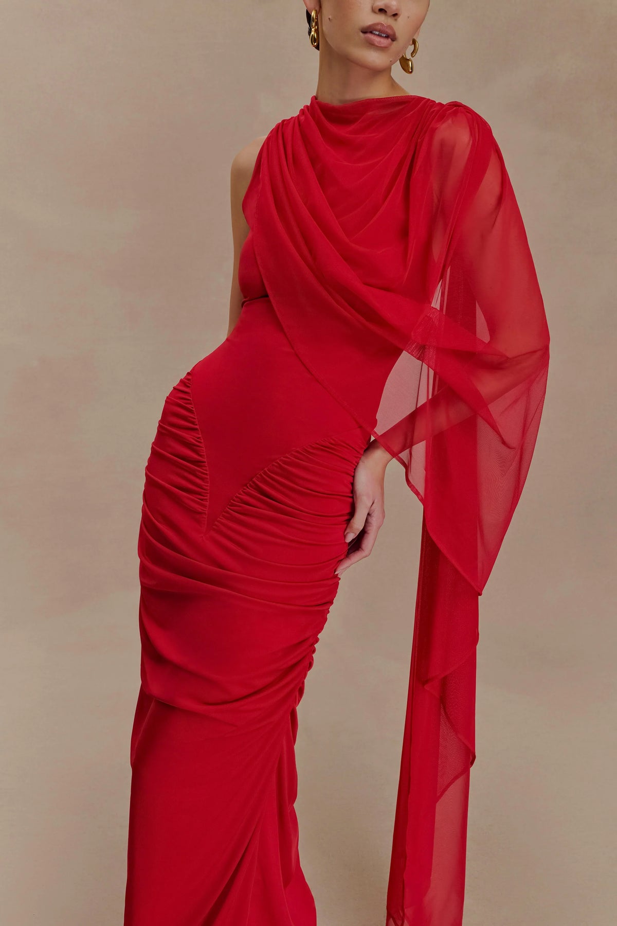 Amandine Ruched Slinky Maxi Dress Ruby