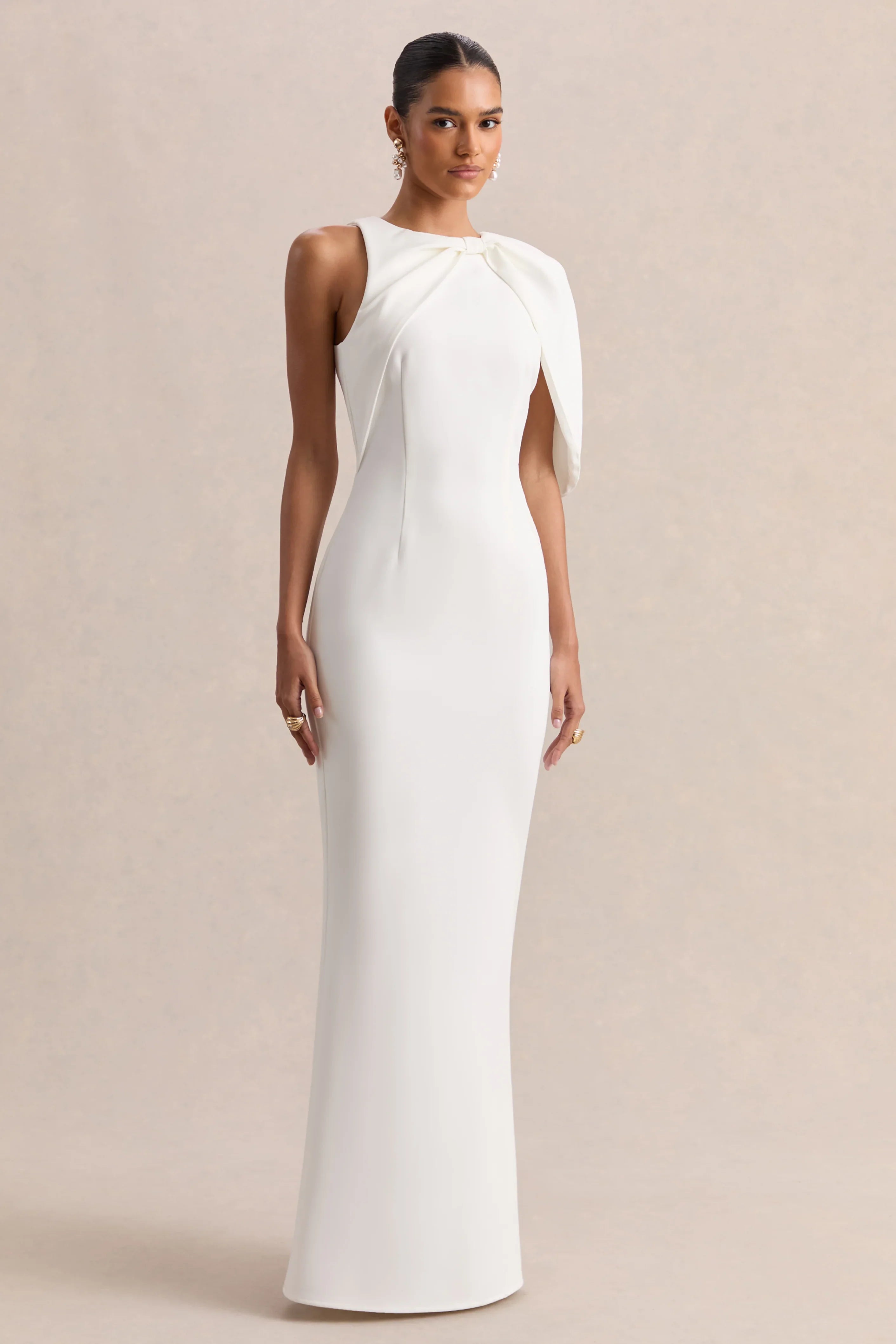 Quira White Asymmetric Neck Maxi Dress With Cape Sleeve