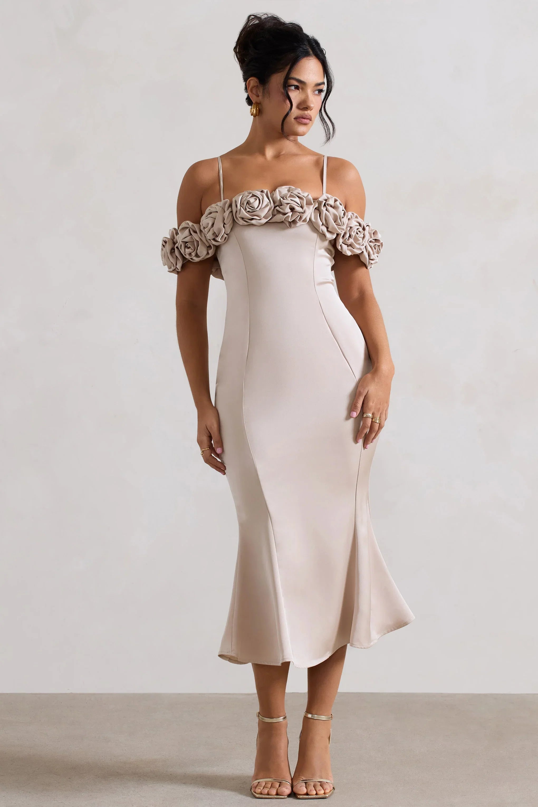 Petunia Champagne Satin Floral Bardot Midi Dress