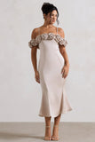 Petunia Champagne Satin Floral Bardot Midi Dress