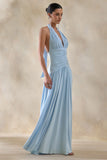 Bettina Powder Blue Plunge Neck Maxi Dress With Gathered Detailing