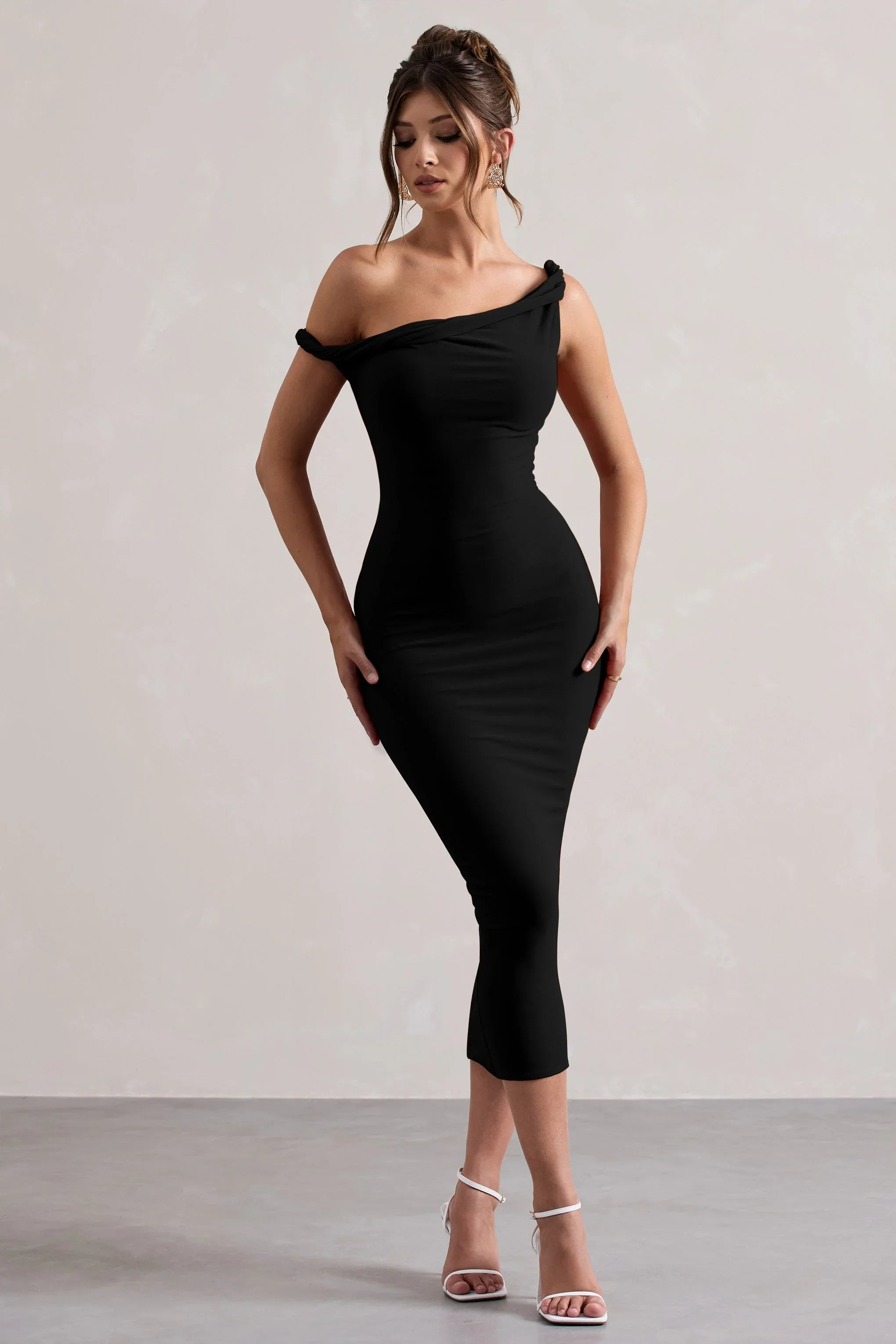 Salome Black Twisted Asymmetric Midi Dress