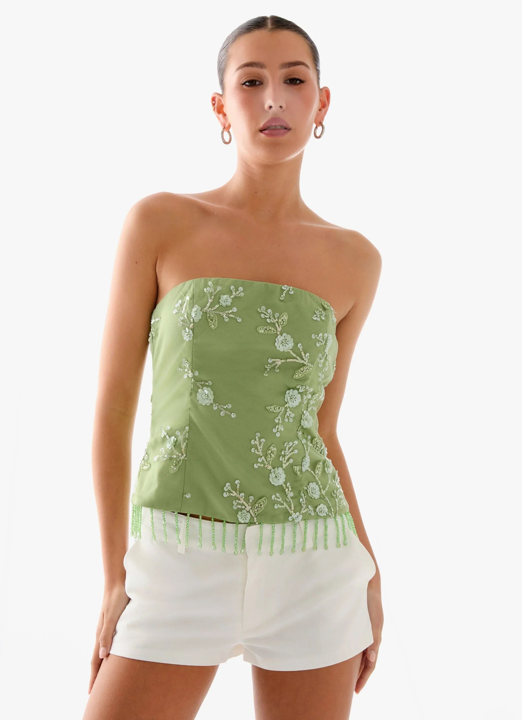 Sea Garden Beaded Strapless Top Green