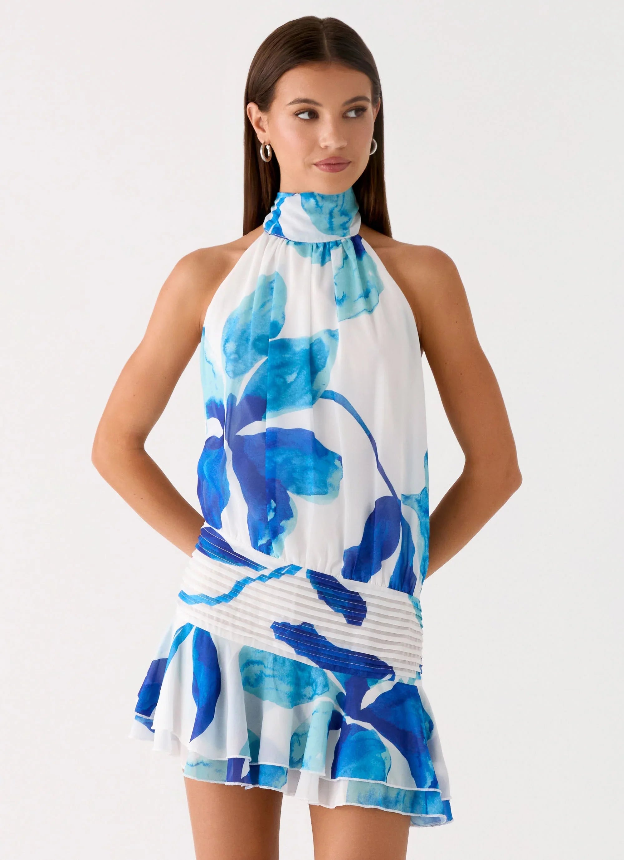 Willow Chiffon Mini Dress Cerulean Bloom