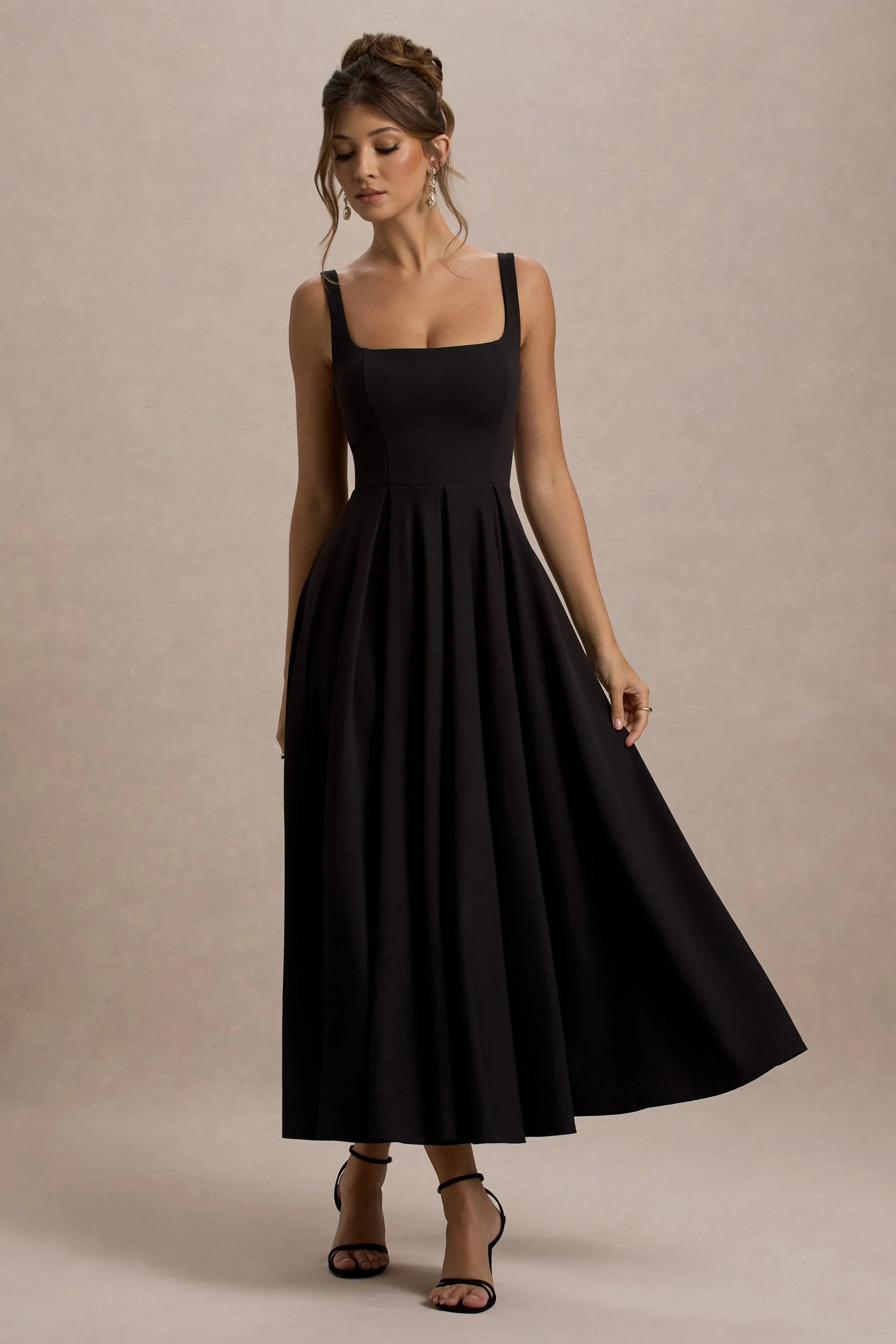 Parina Black Strappy Volume Hem Midi Dress