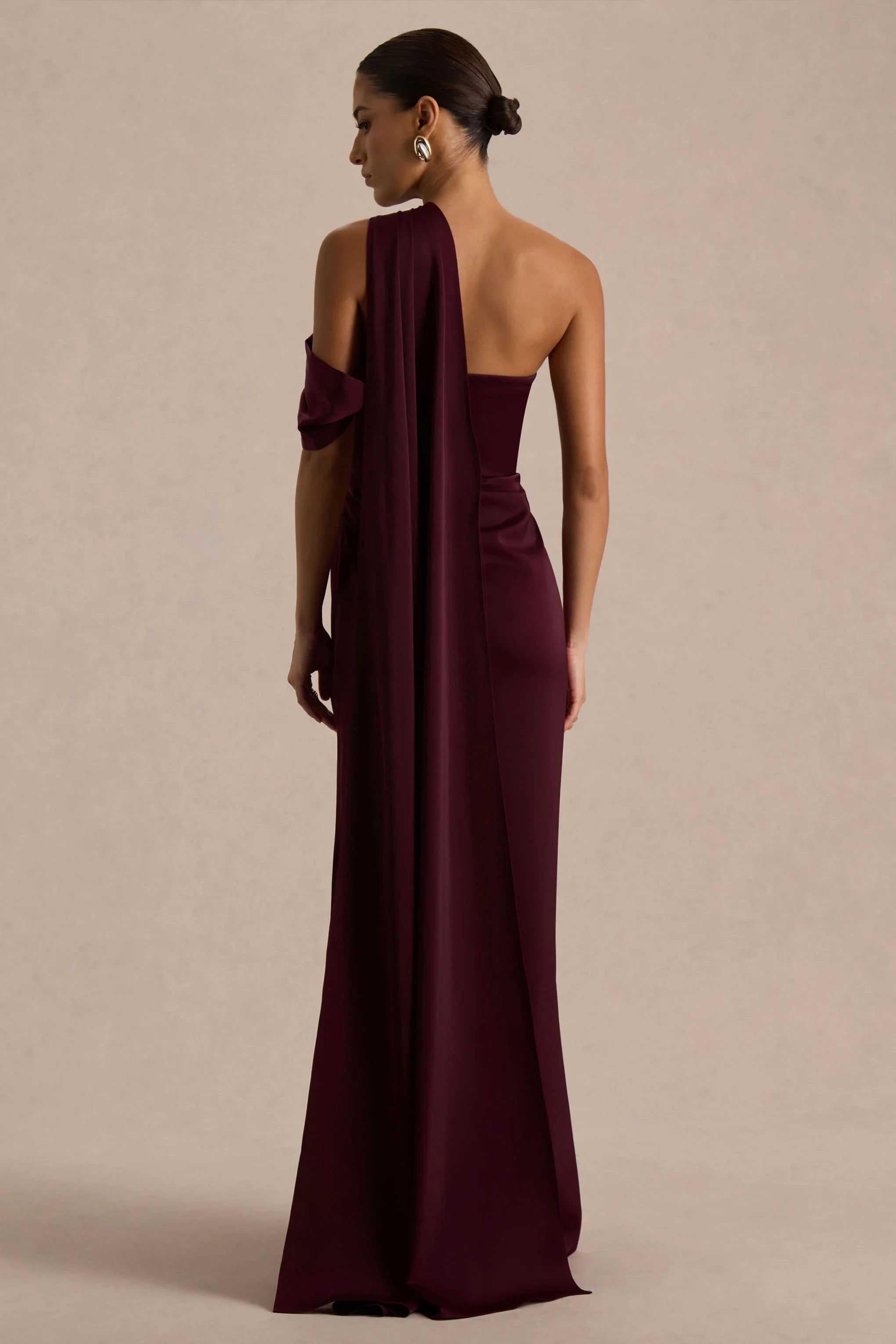 Yazmin Burgundy Satin Asymmetric Maxi Dress With One Sleeve Cape