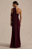 Yazmin Burgundy Satin Asymmetric Maxi Dress With One Sleeve Cape