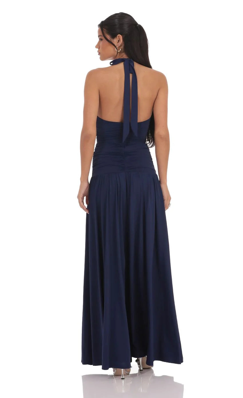 Halter Drop Waist Maxi Dress in Navy