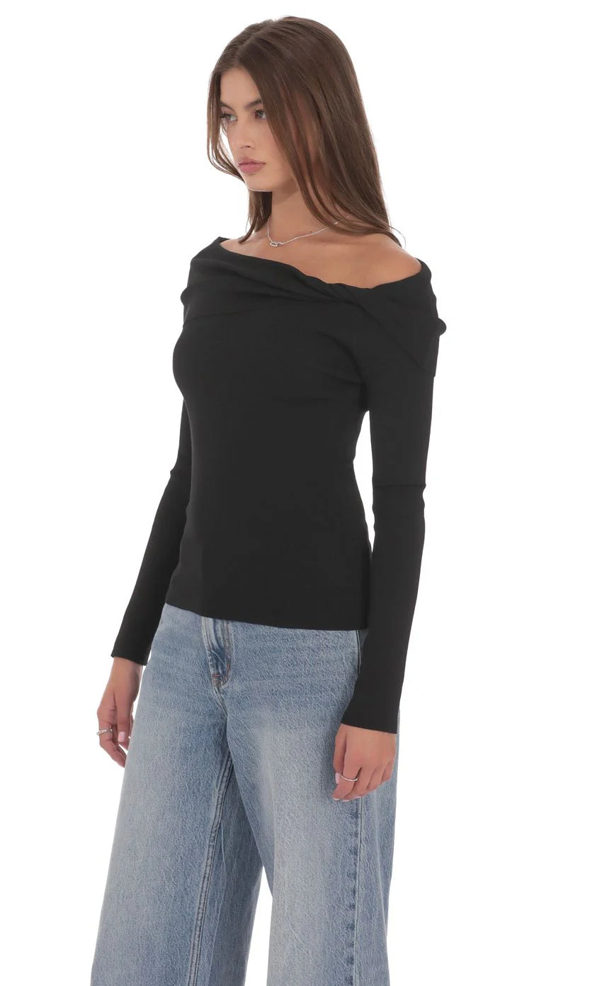 Twist Off Shoulder Jumper in Black