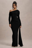 Valina Black Ruched Asymmetric Maxi Dress With Drape