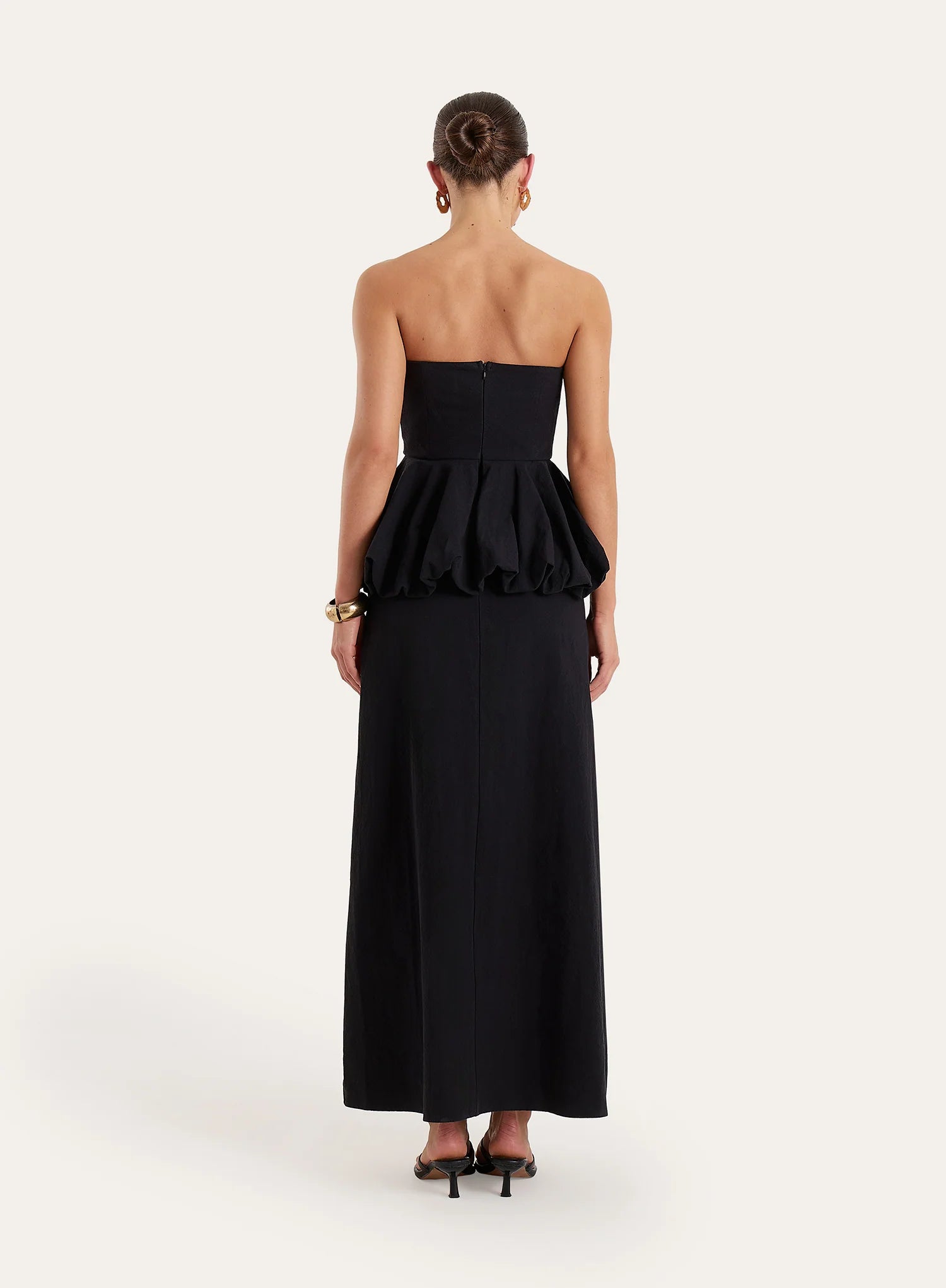 Black Puff Ball Peplum Waist Maxi Dress