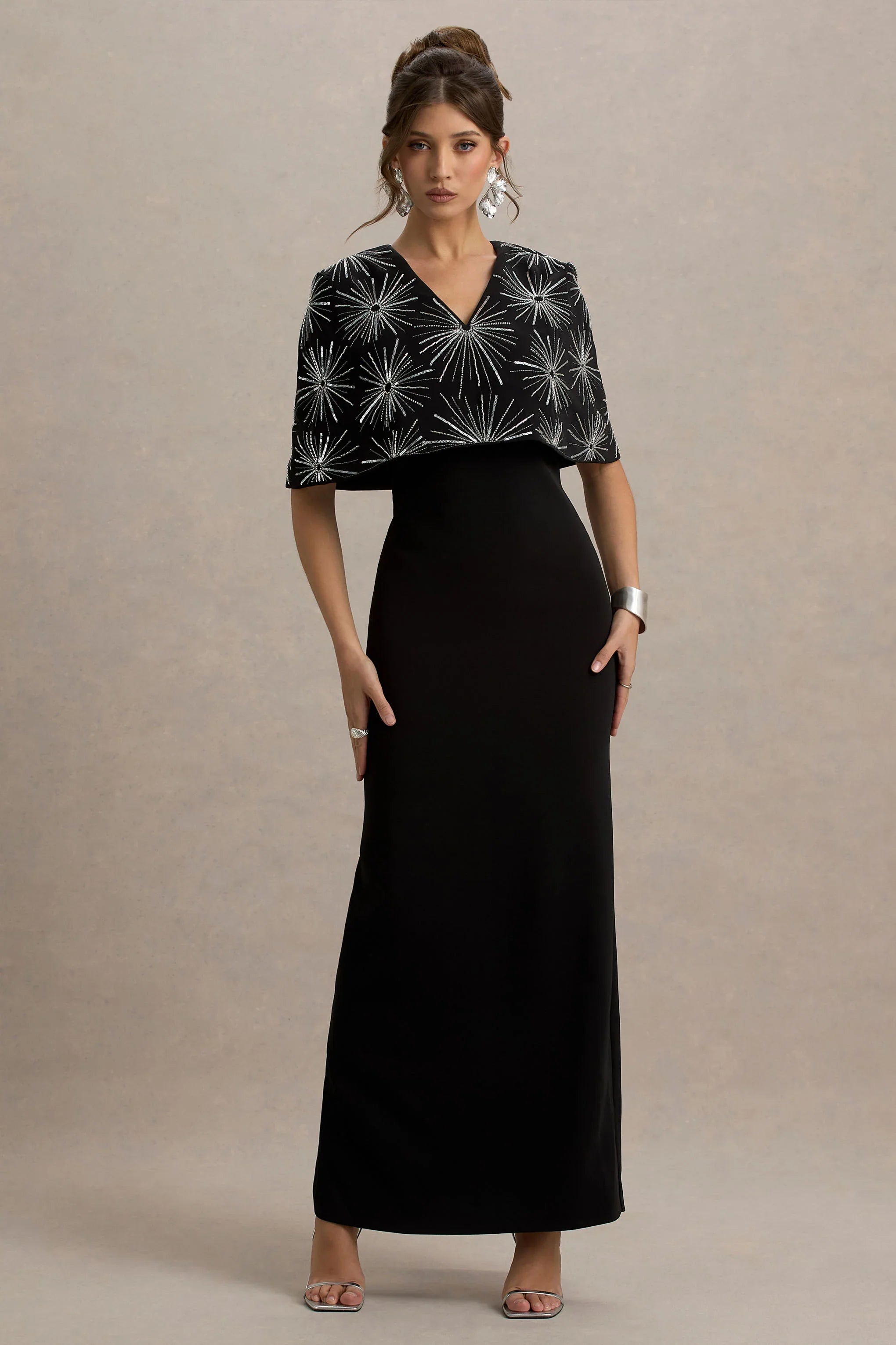 Agnella Black Embellished V Neck Maxi Dress