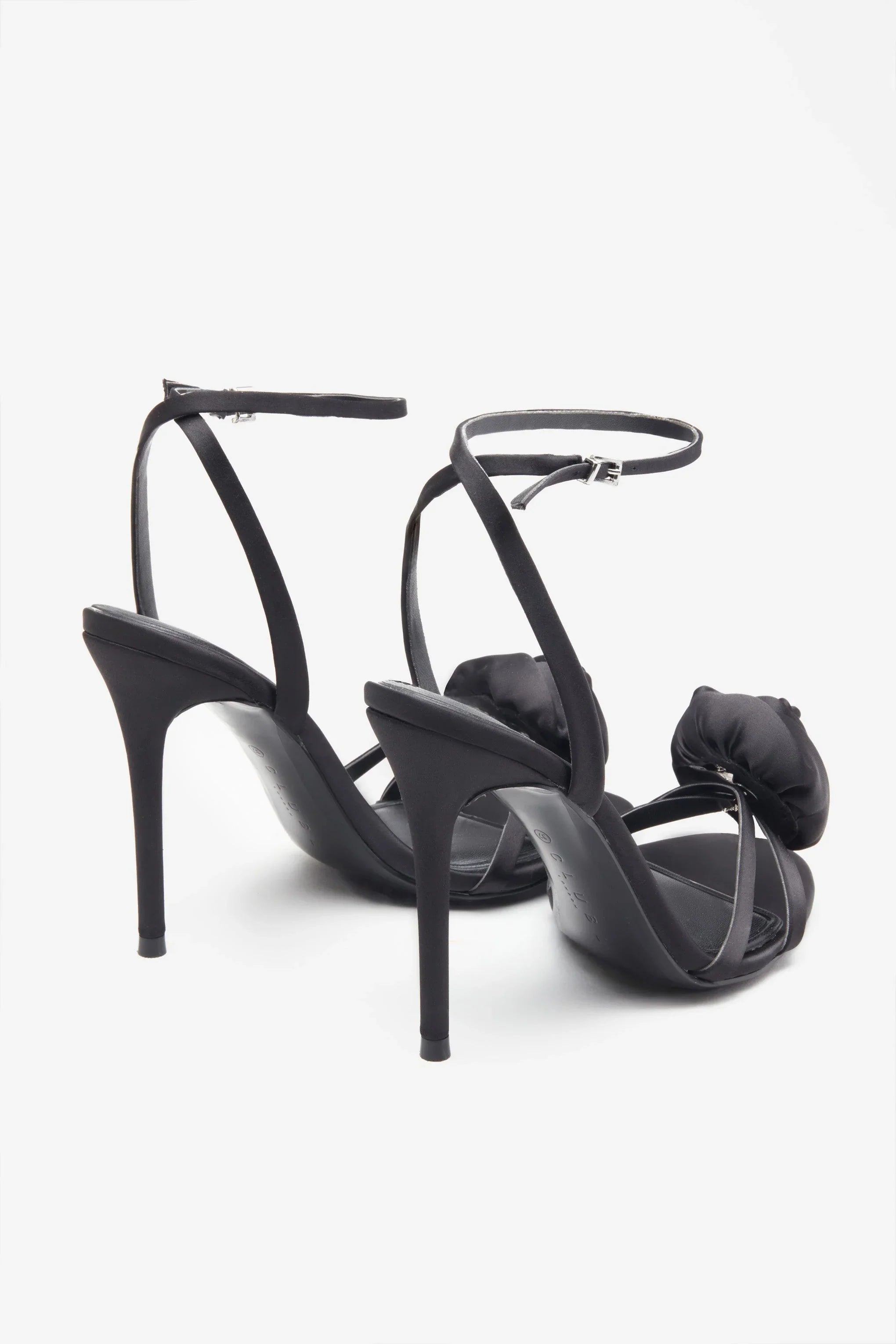 Sweet Step Black Satin Strappy Heeled Sandals With Flowers