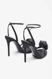 Sweet Step Black Satin Strappy Heeled Sandals With Flowers