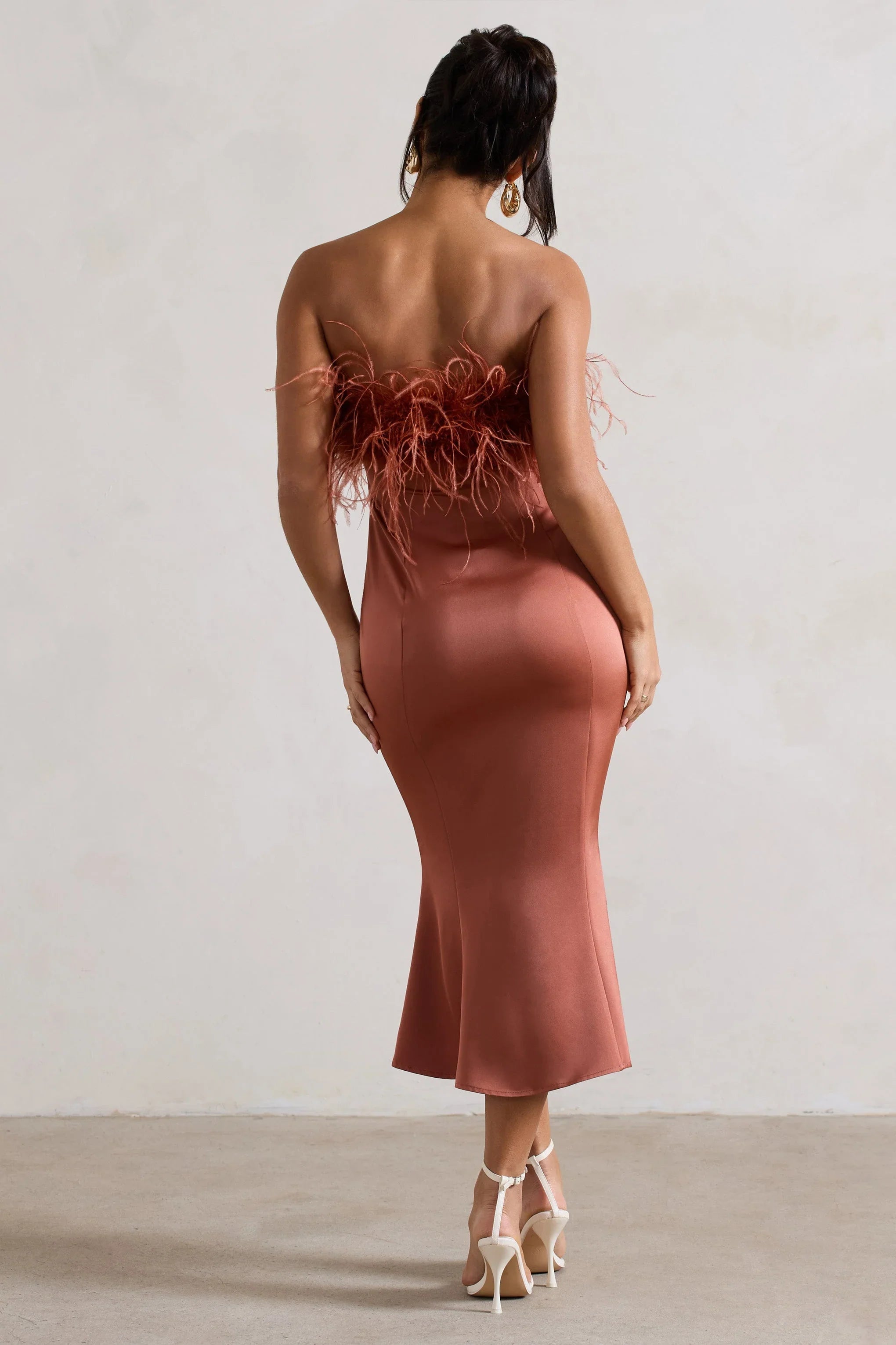 One And Only Rust Satin Feather Trim Bandeau Midi Dress