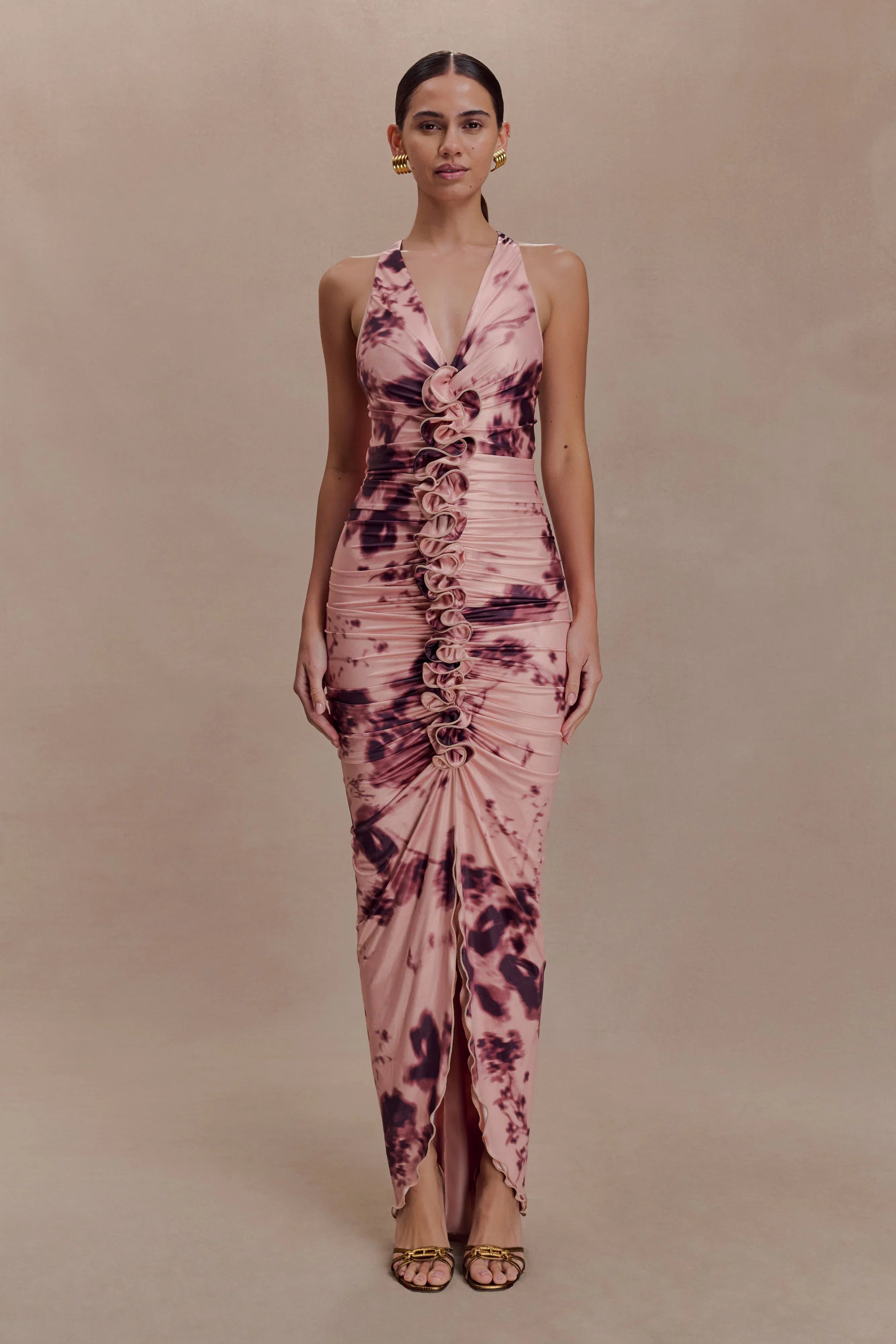 Alessandra Slinky Ruffle Maxi Dress Pink Blurred Floral Print
