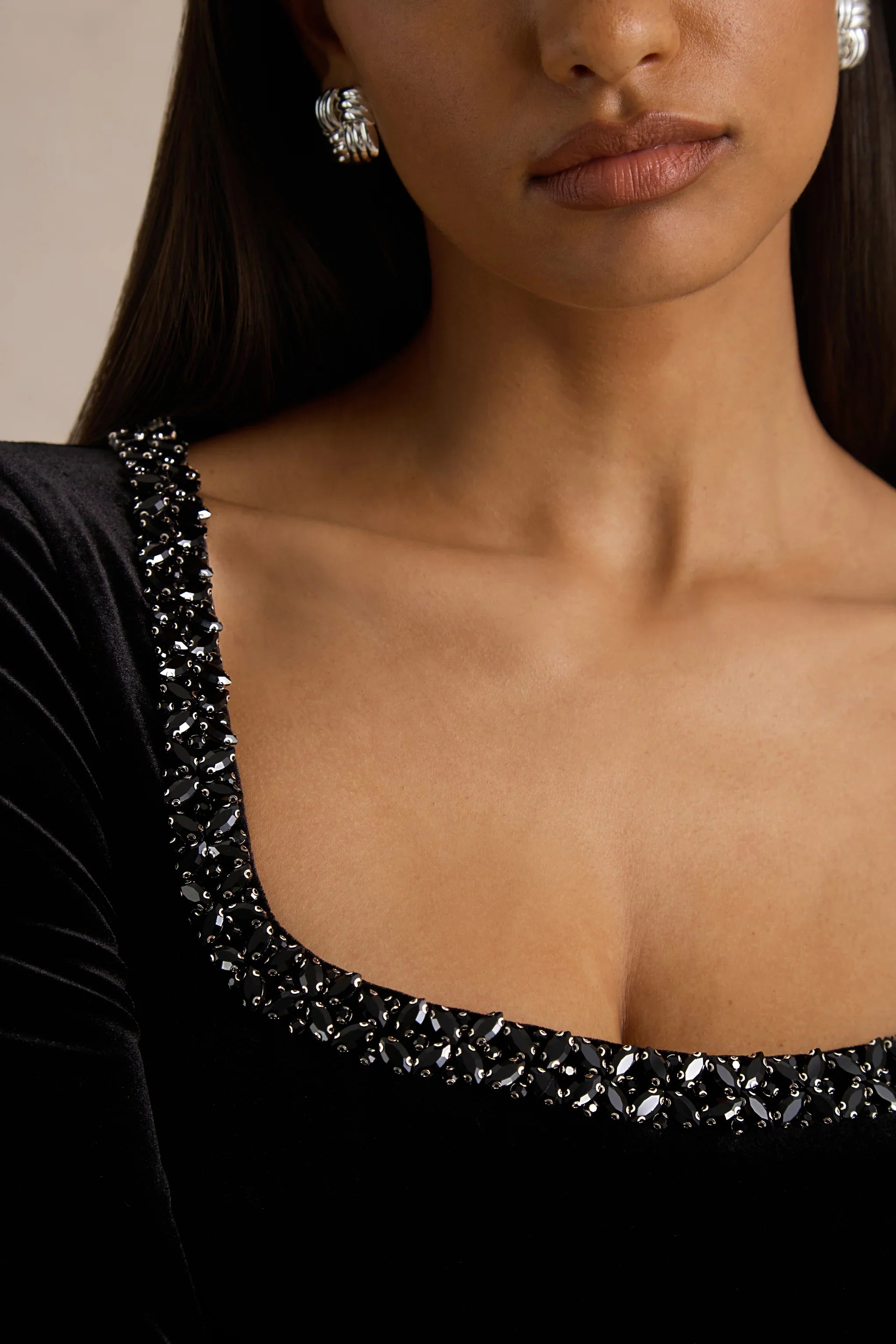 Beloved Black Velvet Embellished Square Neck Mini Dress