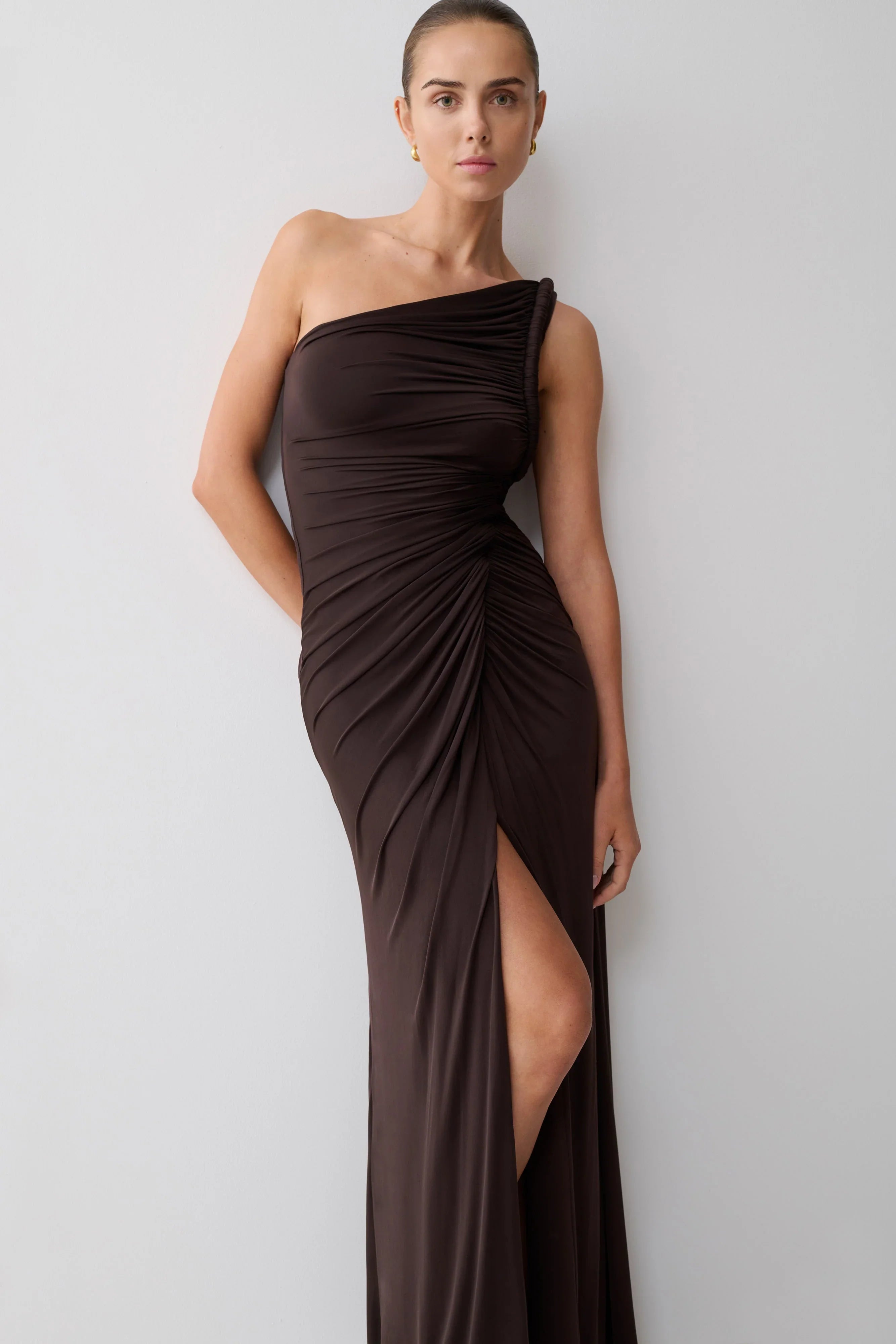 Ryn Twisted One Shoulder Maxi Dress Dark Chocolate