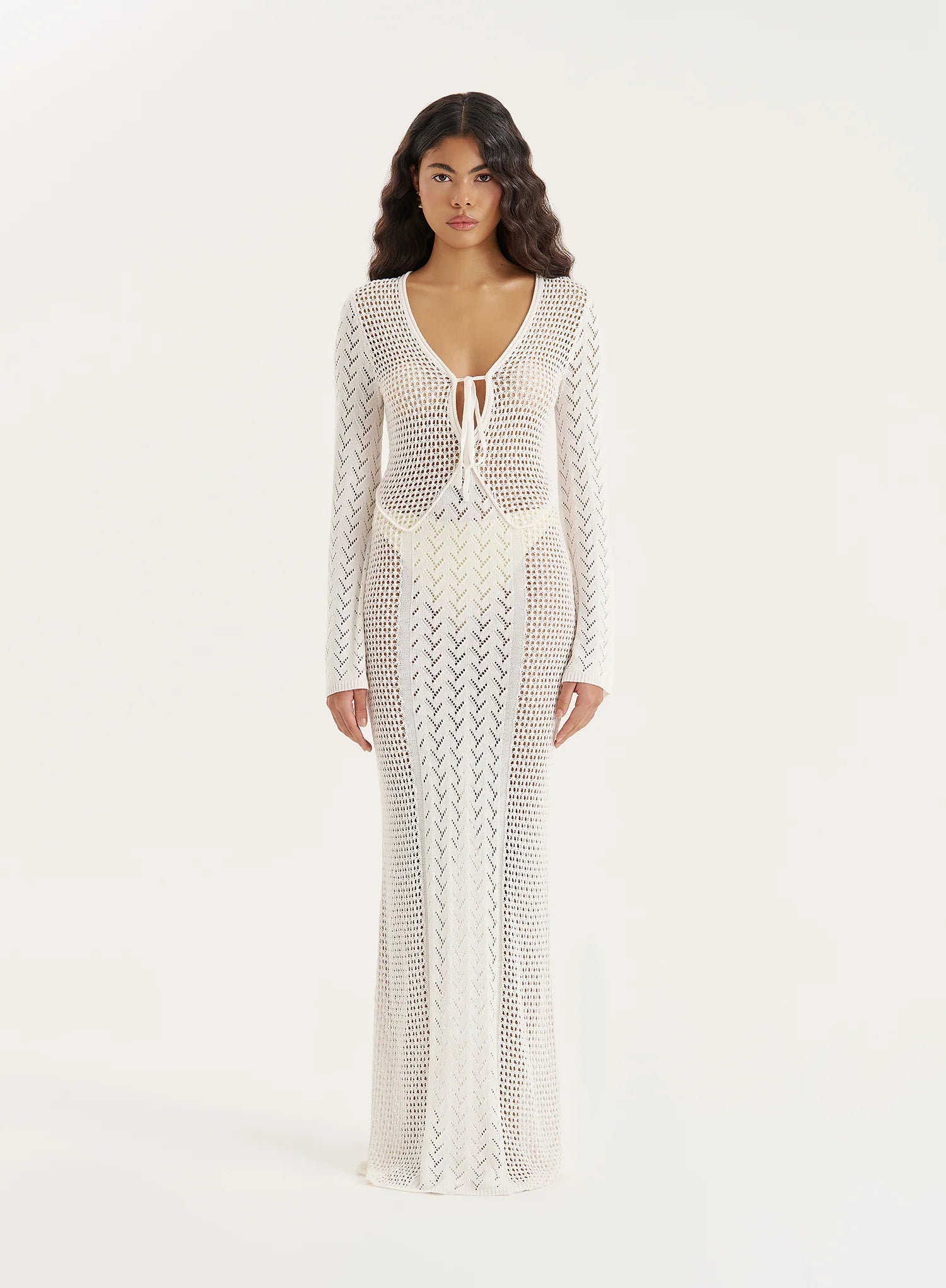 Cream Knit Panelled Crochet Maxi Dress