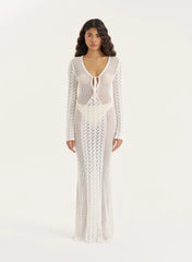 Cream Knit Panelled Crochet Maxi Dress