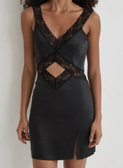 Black Satin Lace Slip Mini Dress